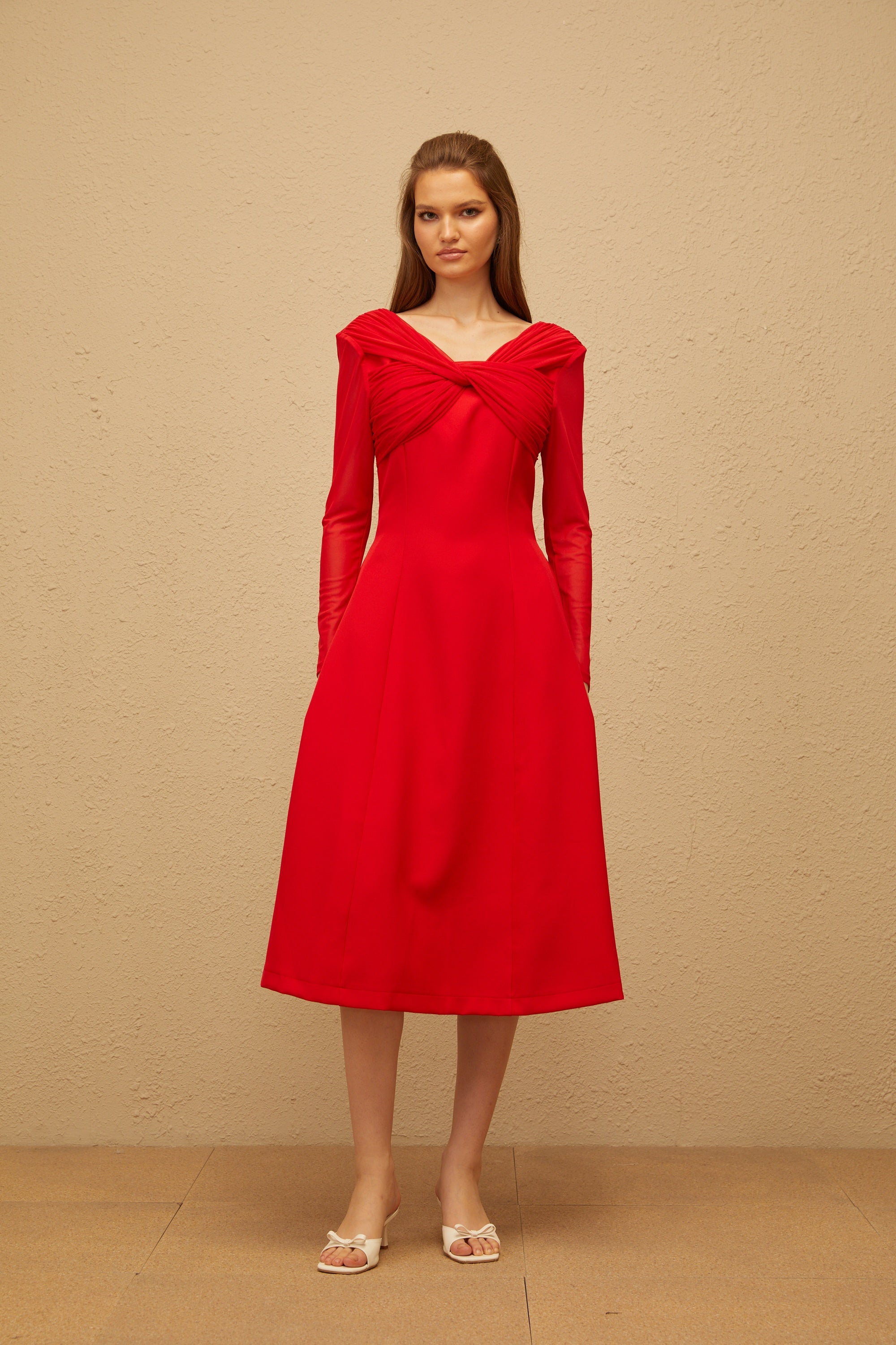 Colette Red Twisted Mesh Panel Midi Dress