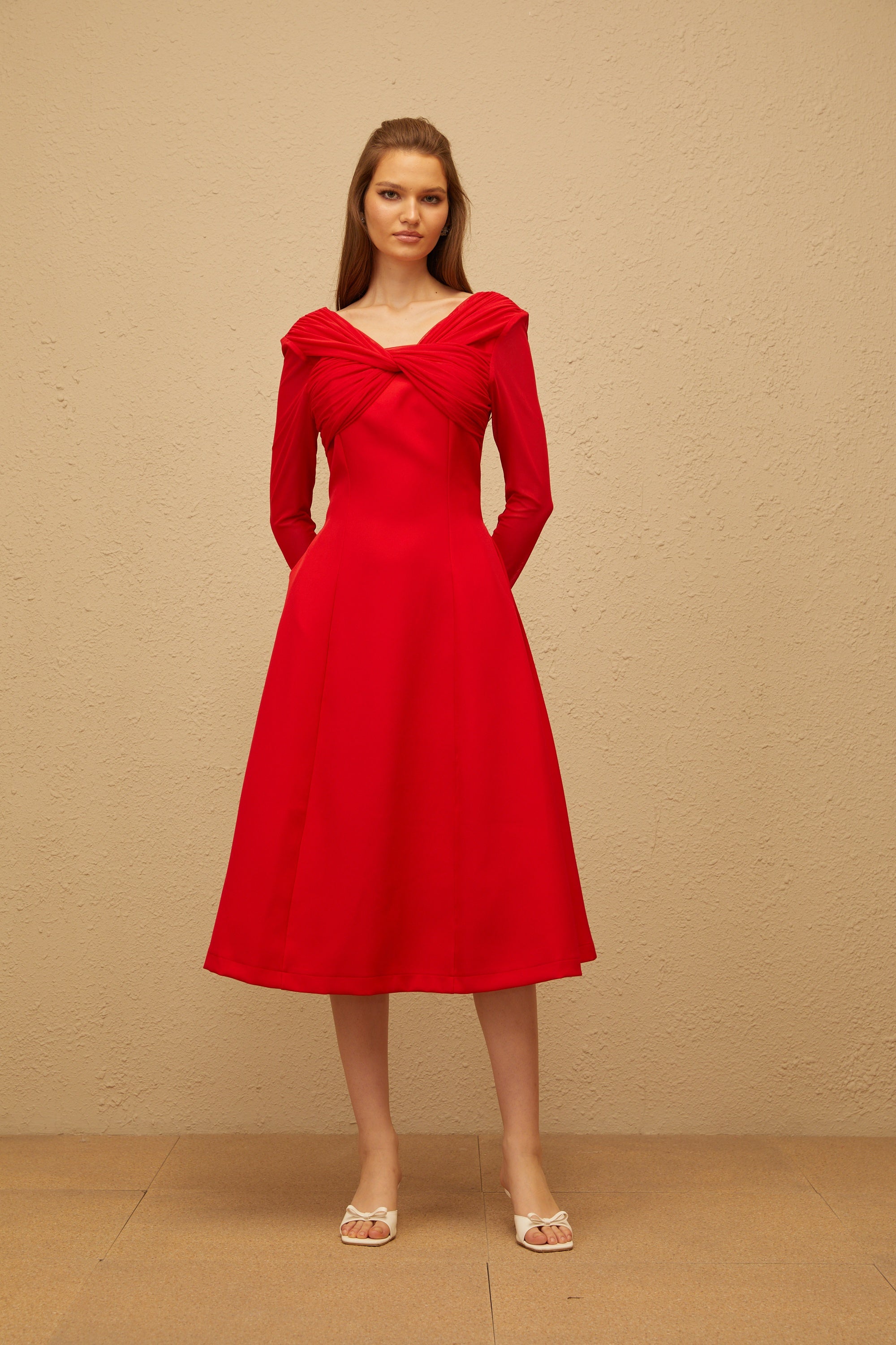 Colette Red Twisted Mesh Panel Midi Dress