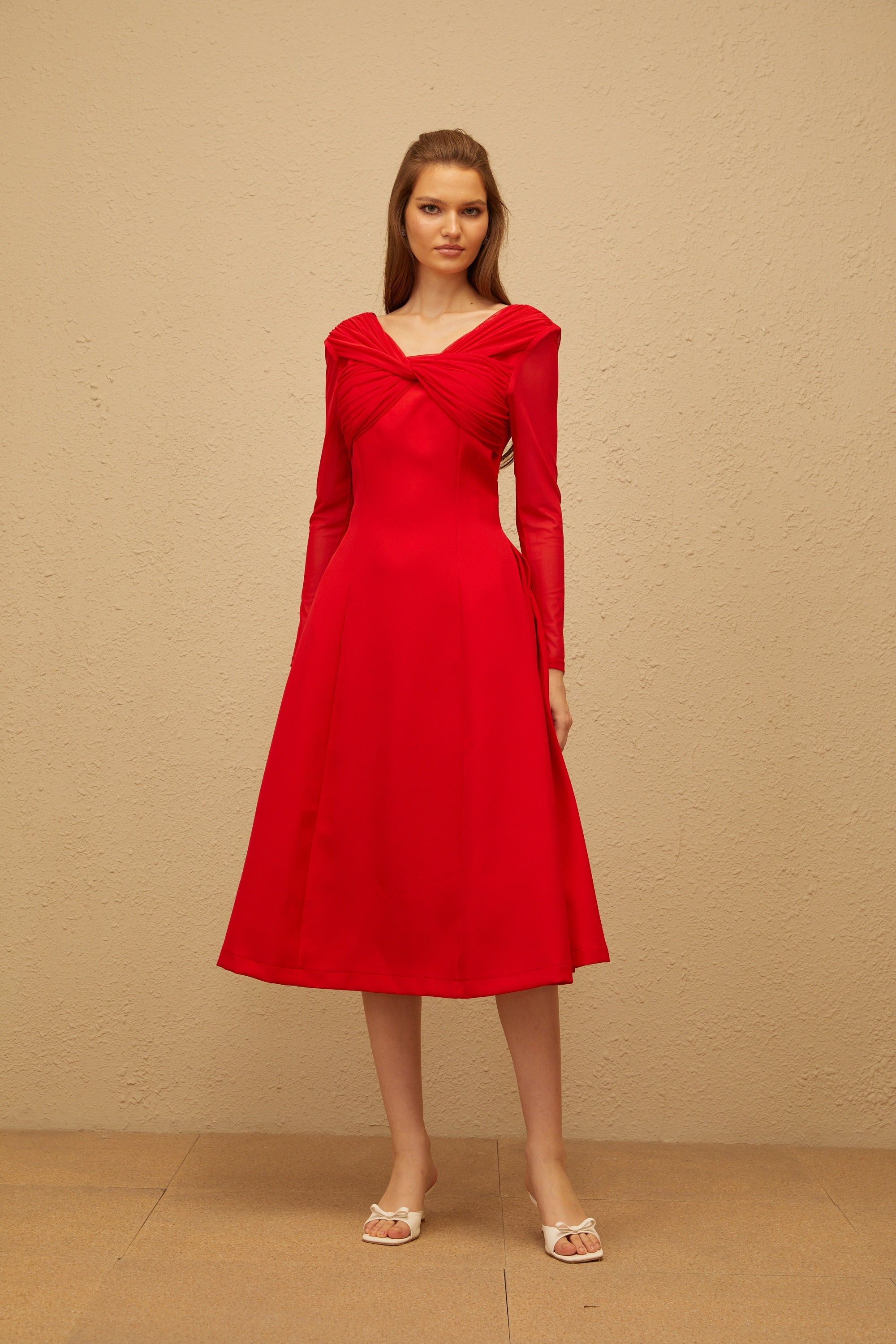 Colette Red Twisted Mesh Panel Midi Dress