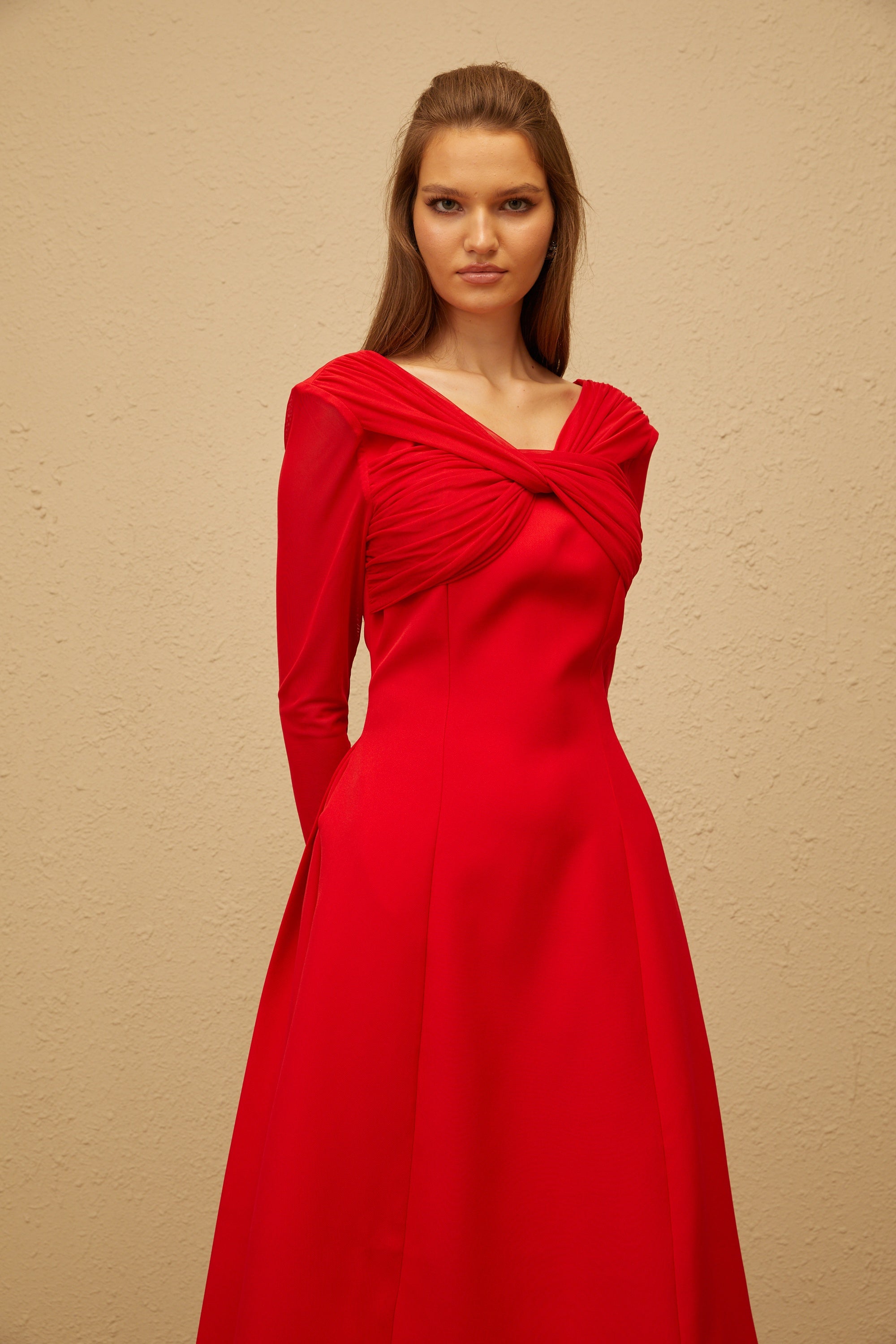 Colette Red Twisted Mesh Panel Midi Dress