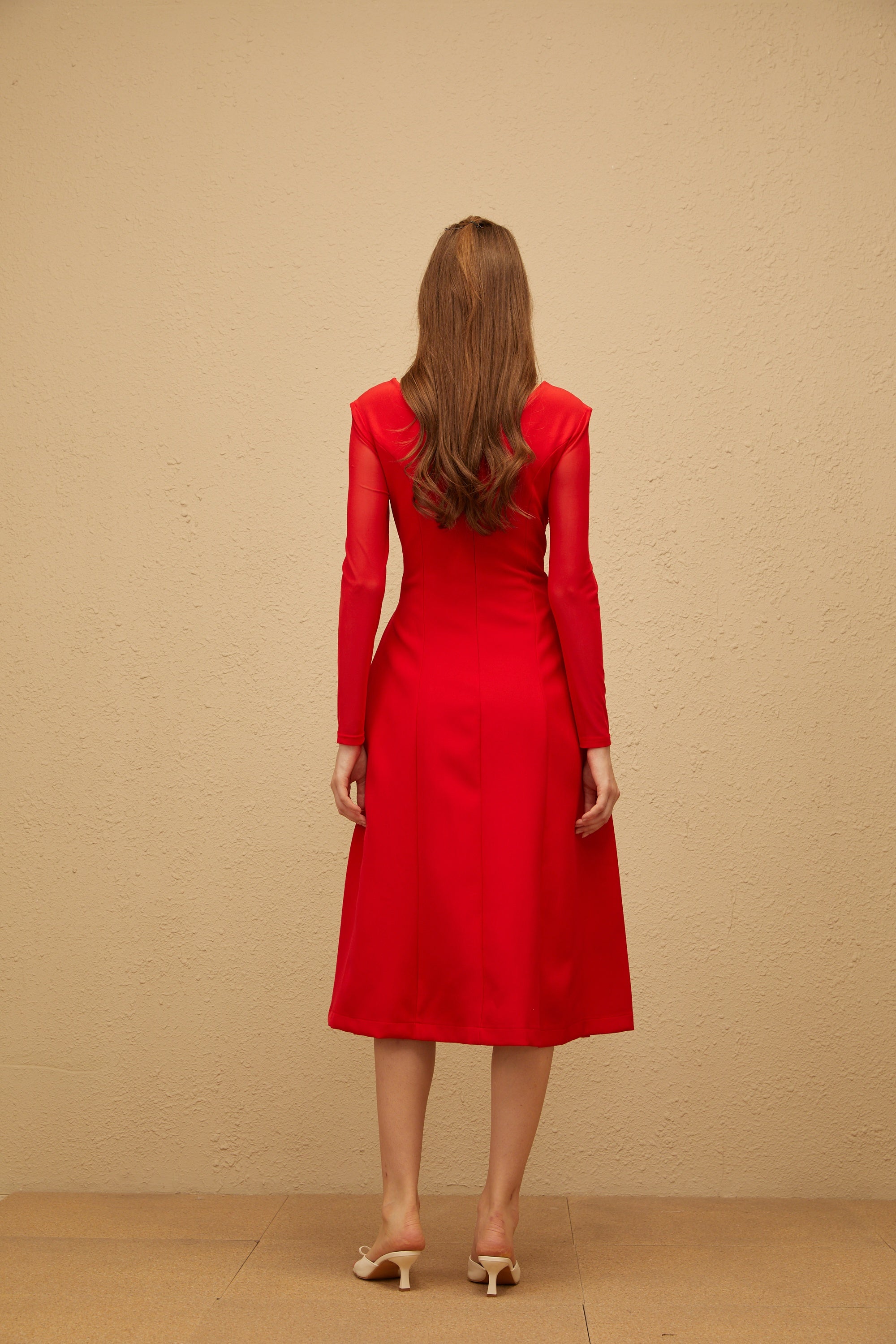 Colette Red Twisted Mesh Panel Midi Dress