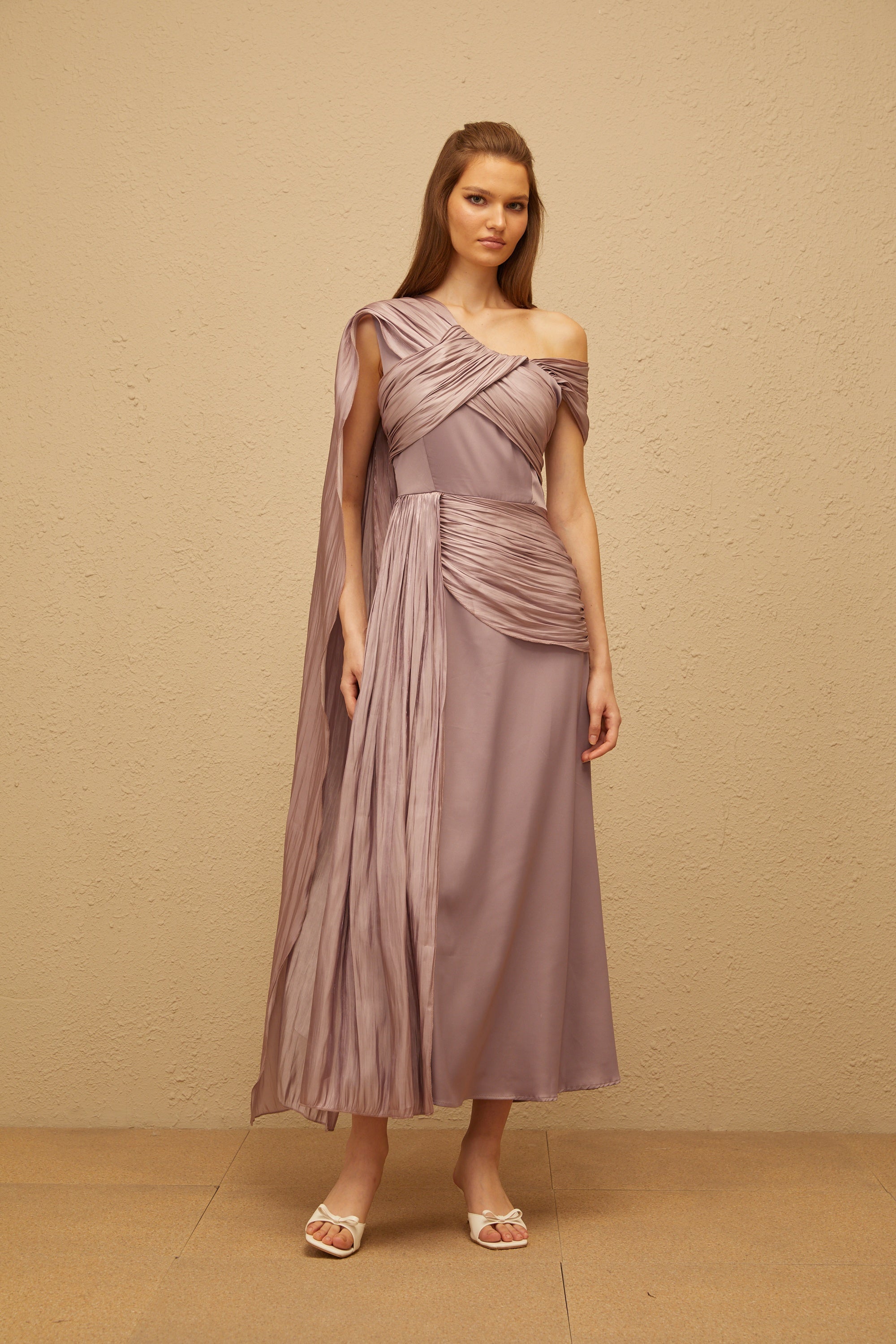 Judith Purple Ruched Glossy Ribbon Maxi Dress