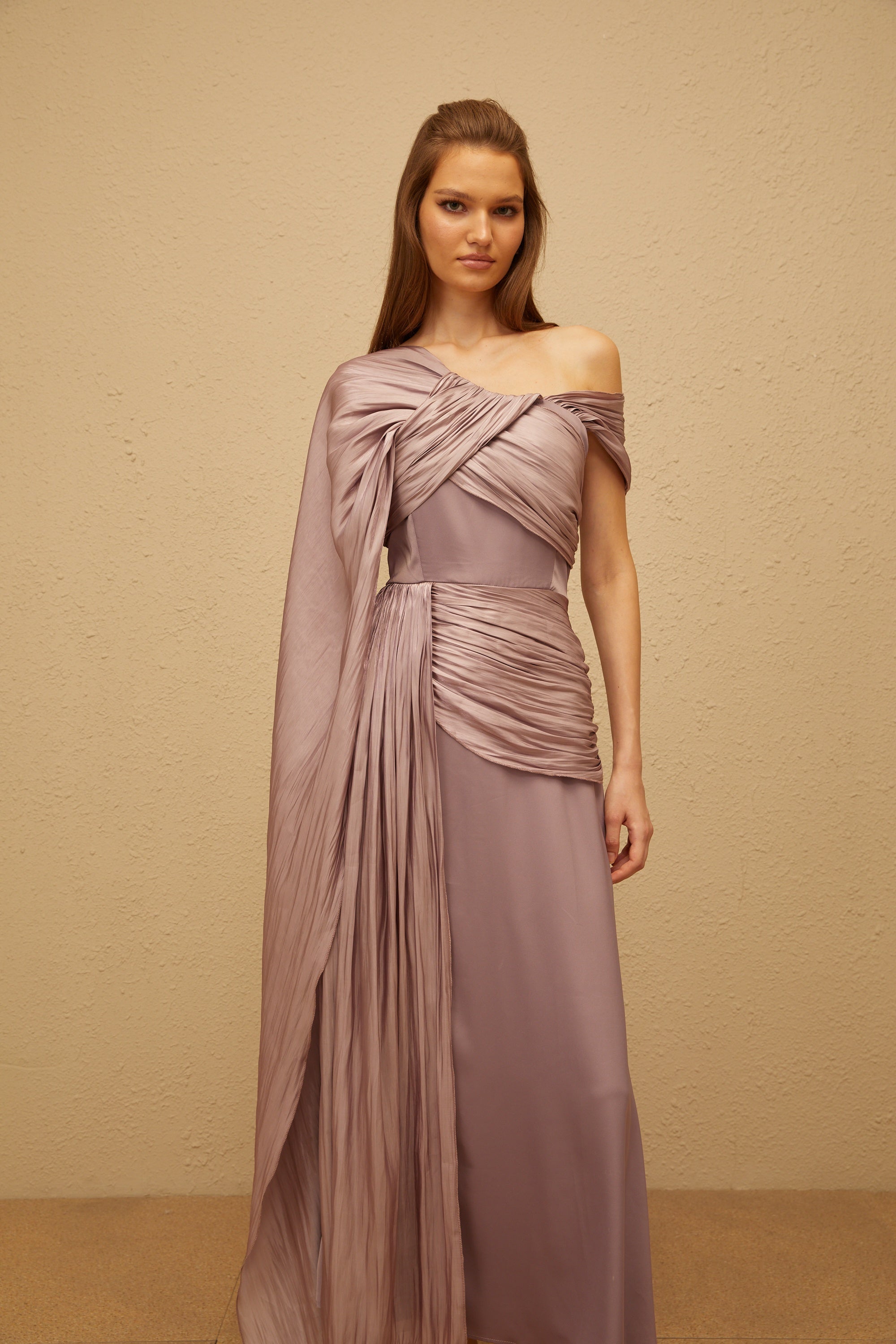 Judith Purple Ruched Glossy Ribbon Maxi Dress
