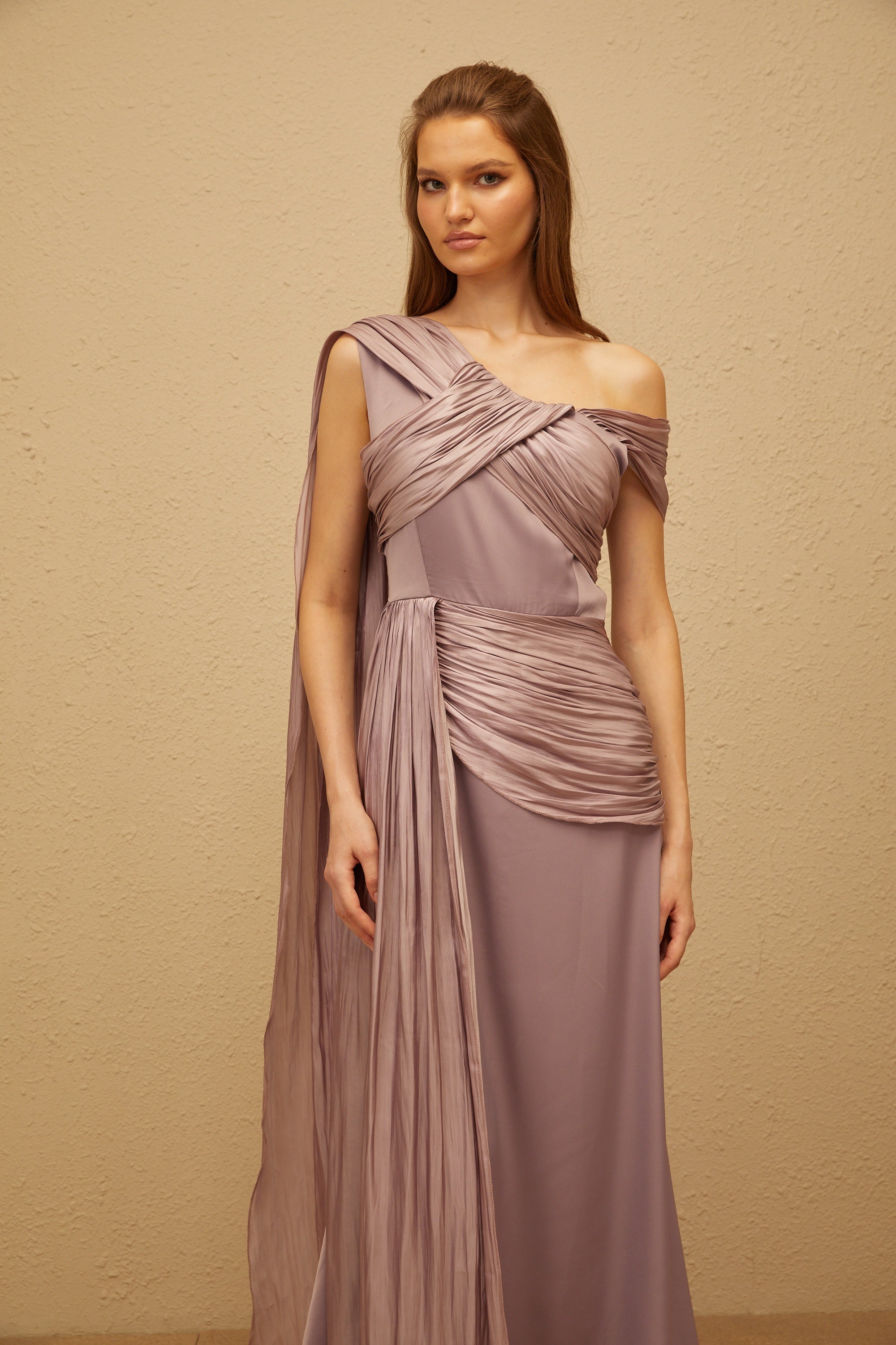 Judith Purple Ruched Glossy Ribbon Maxi Dress