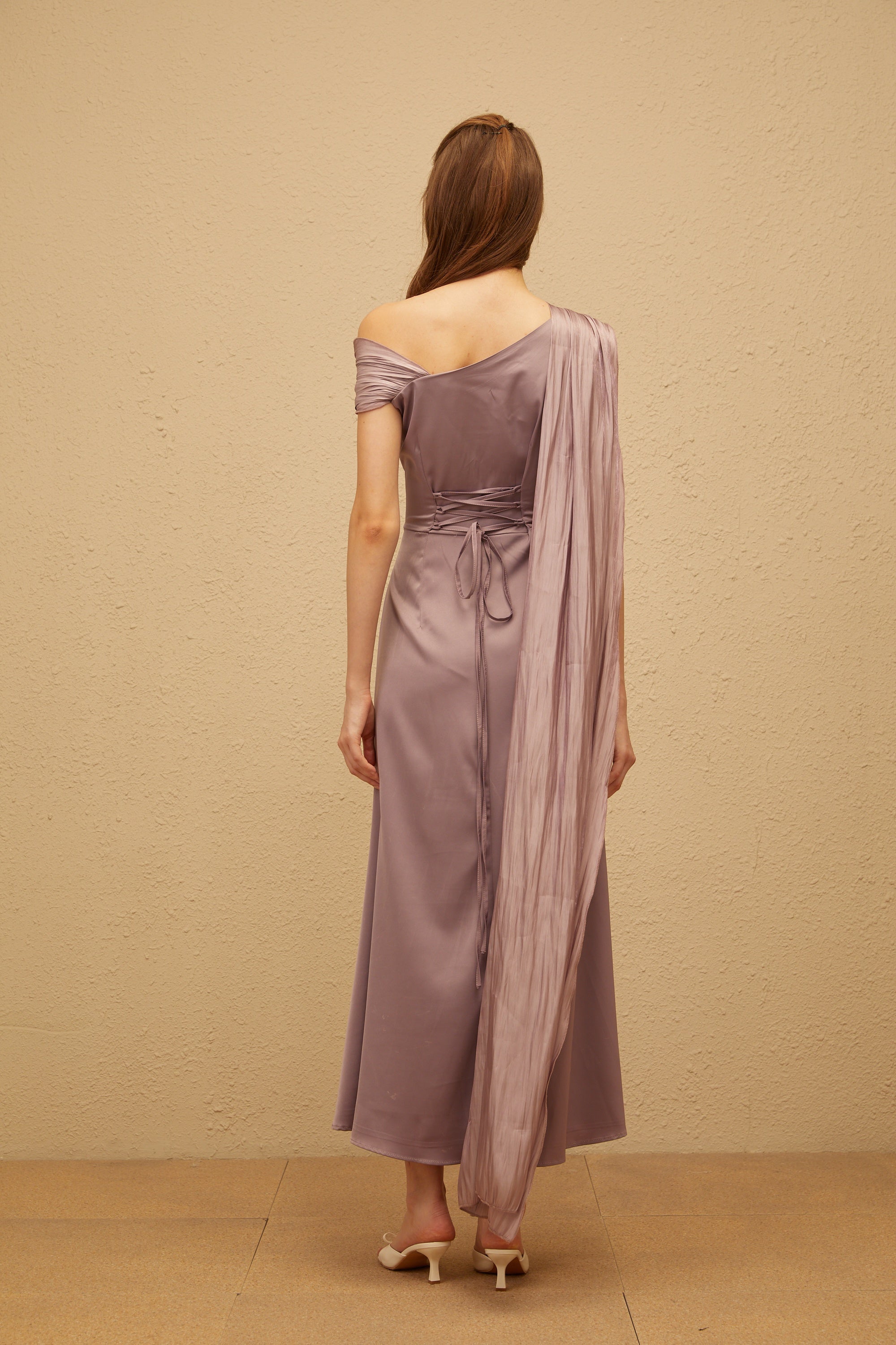 Judith Purple Ruched Glossy Ribbon Maxi Dress
