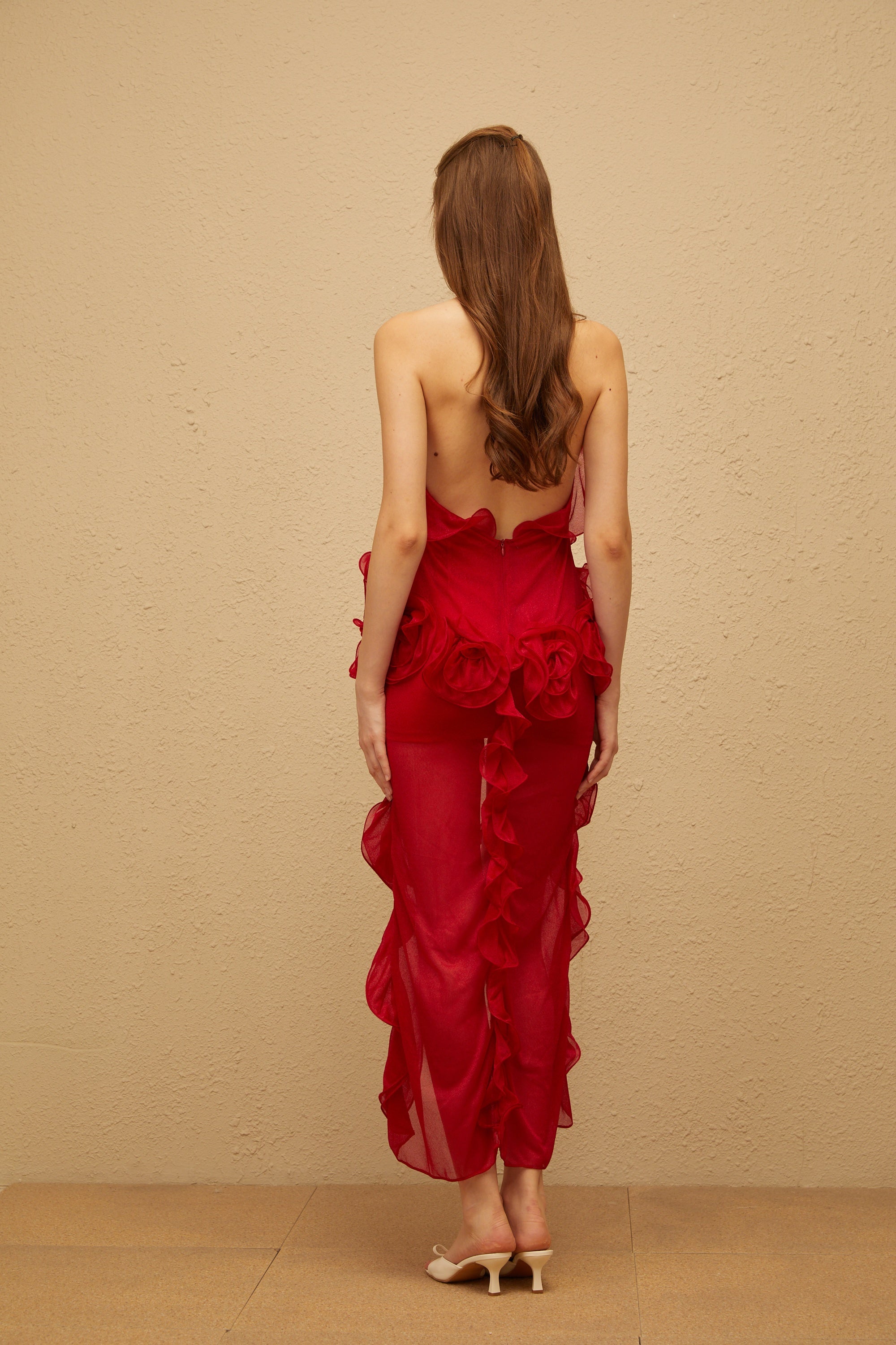 Hannabella Rotes, asymmetrisches, gerafftes Blumen-Minikleid
