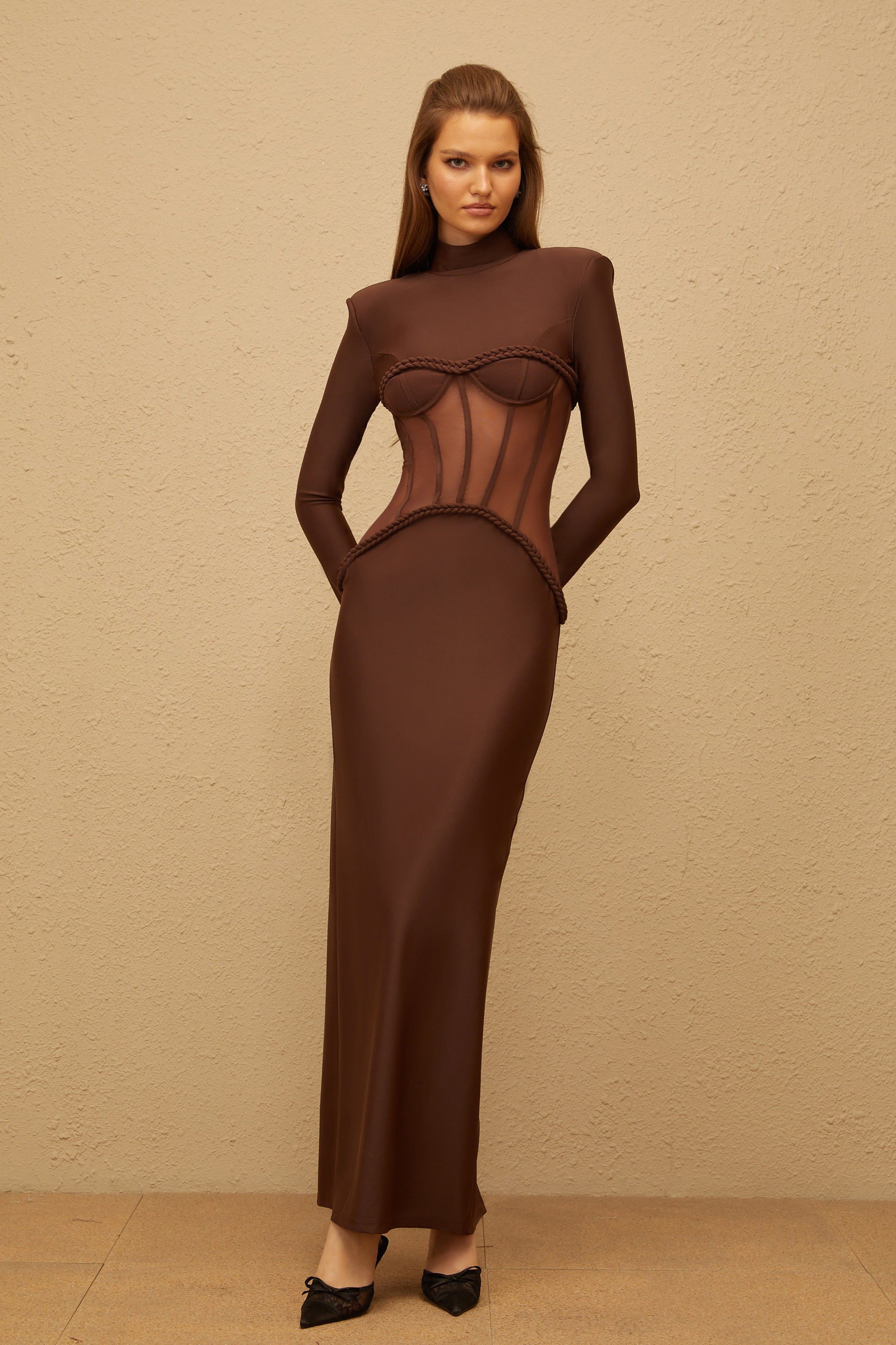 Amaryllis Brown Mesh Panel Corset Maxi Dress