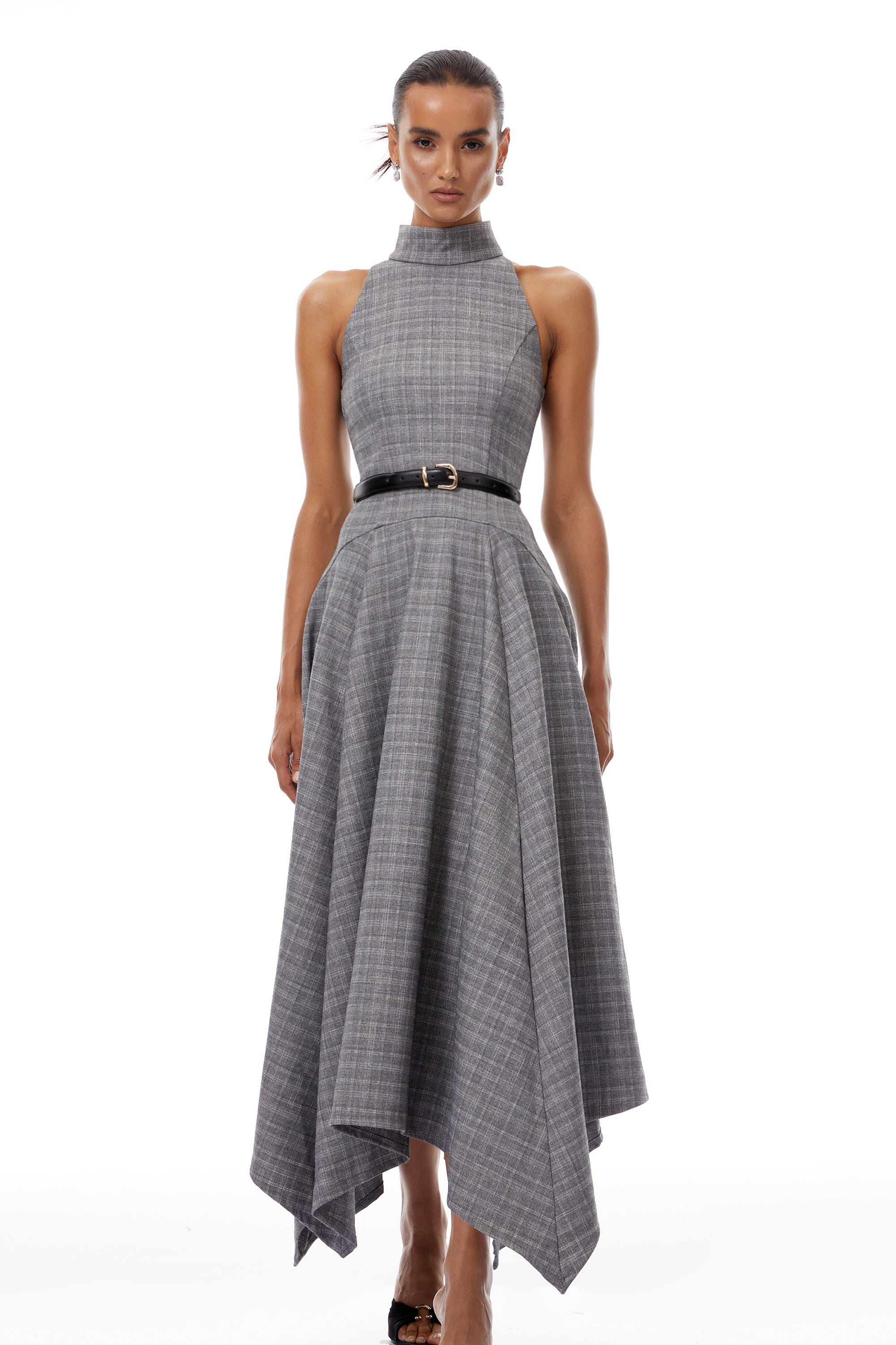 Wilhemine Grey Checked Tweed Midi Dress (Without Belt)
