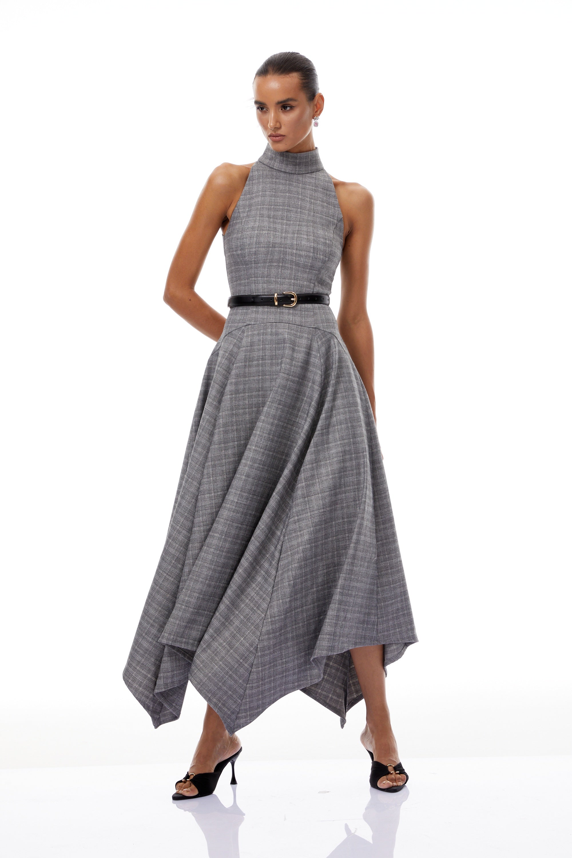 فستان ويلهمينا متوسط الطول من التويد باللون الرمادي المخطط (بدون حزام)