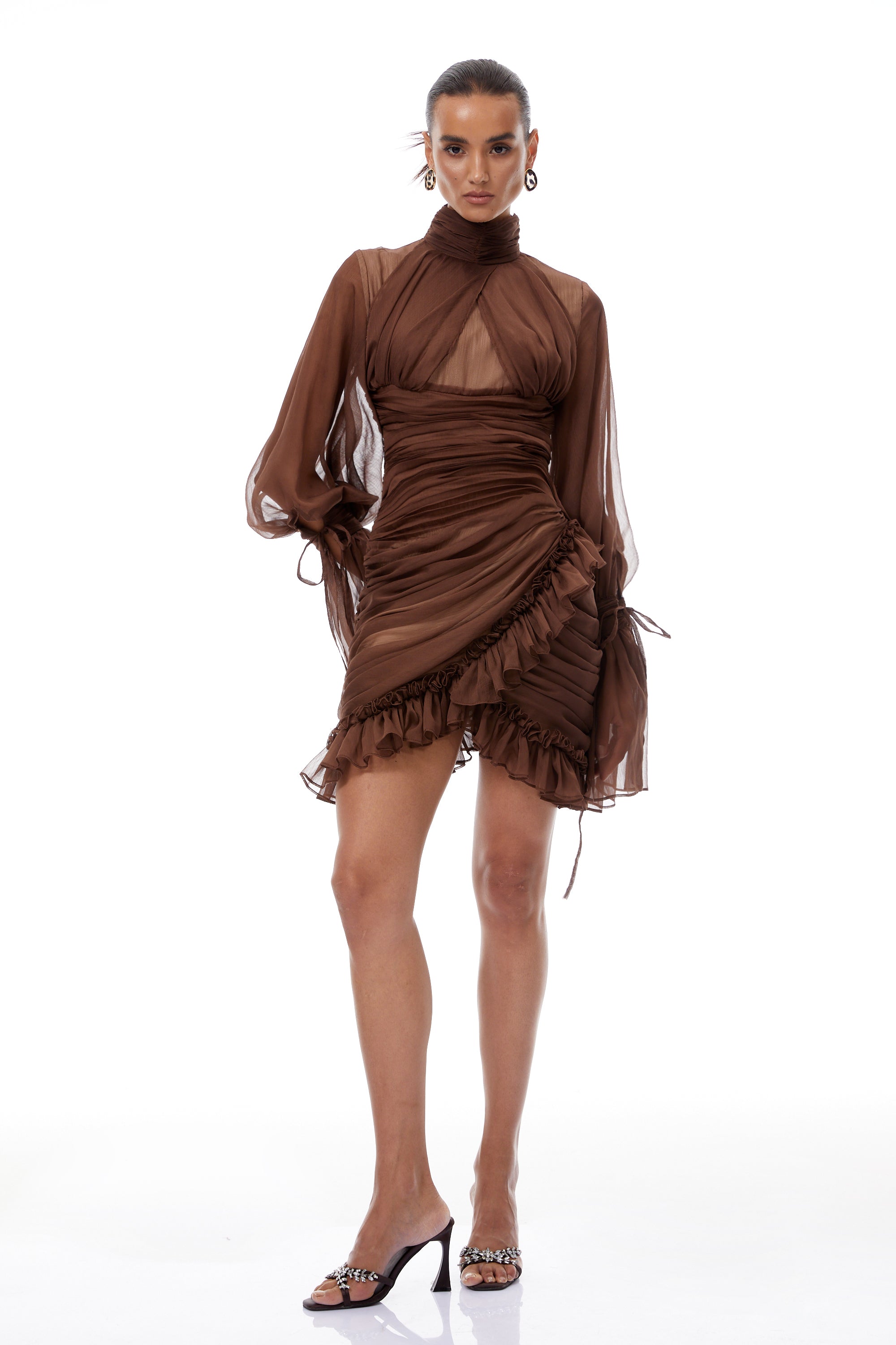 Jade Brown Ruched Tulle Mini Dress