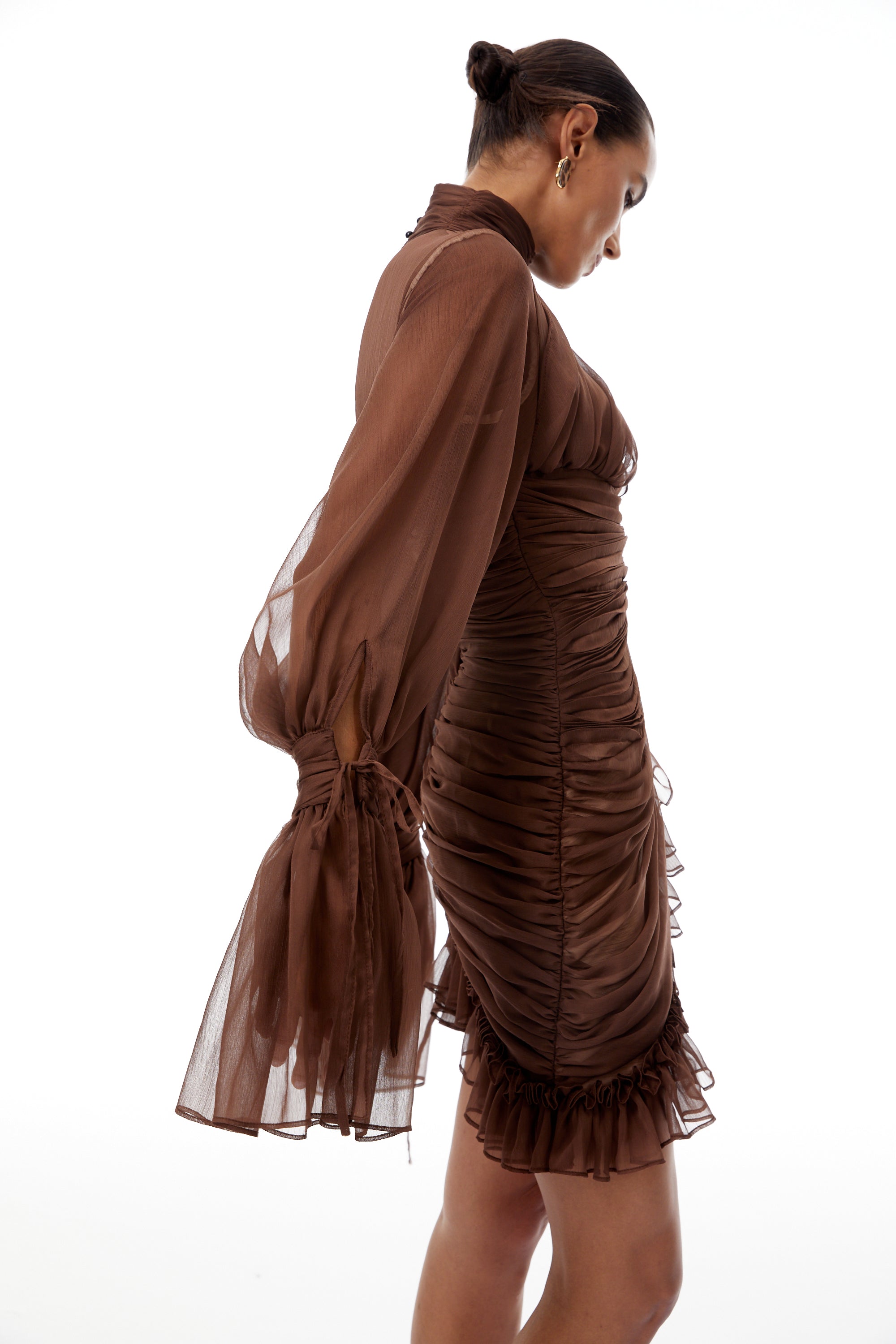 Jade Brown Ruched Tulle Mini Dress