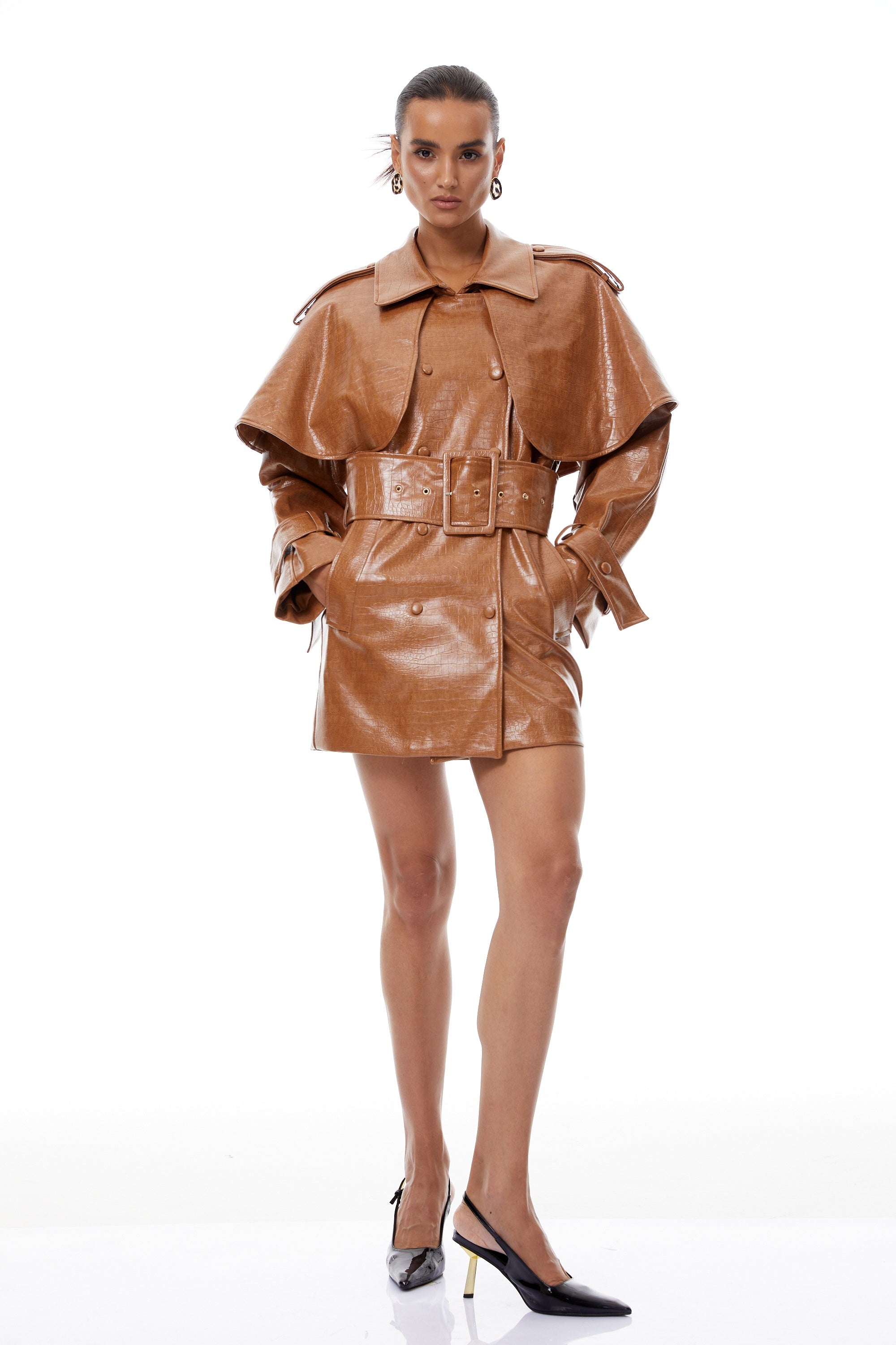 Lisette Caramel Textured Leather Trench Coat