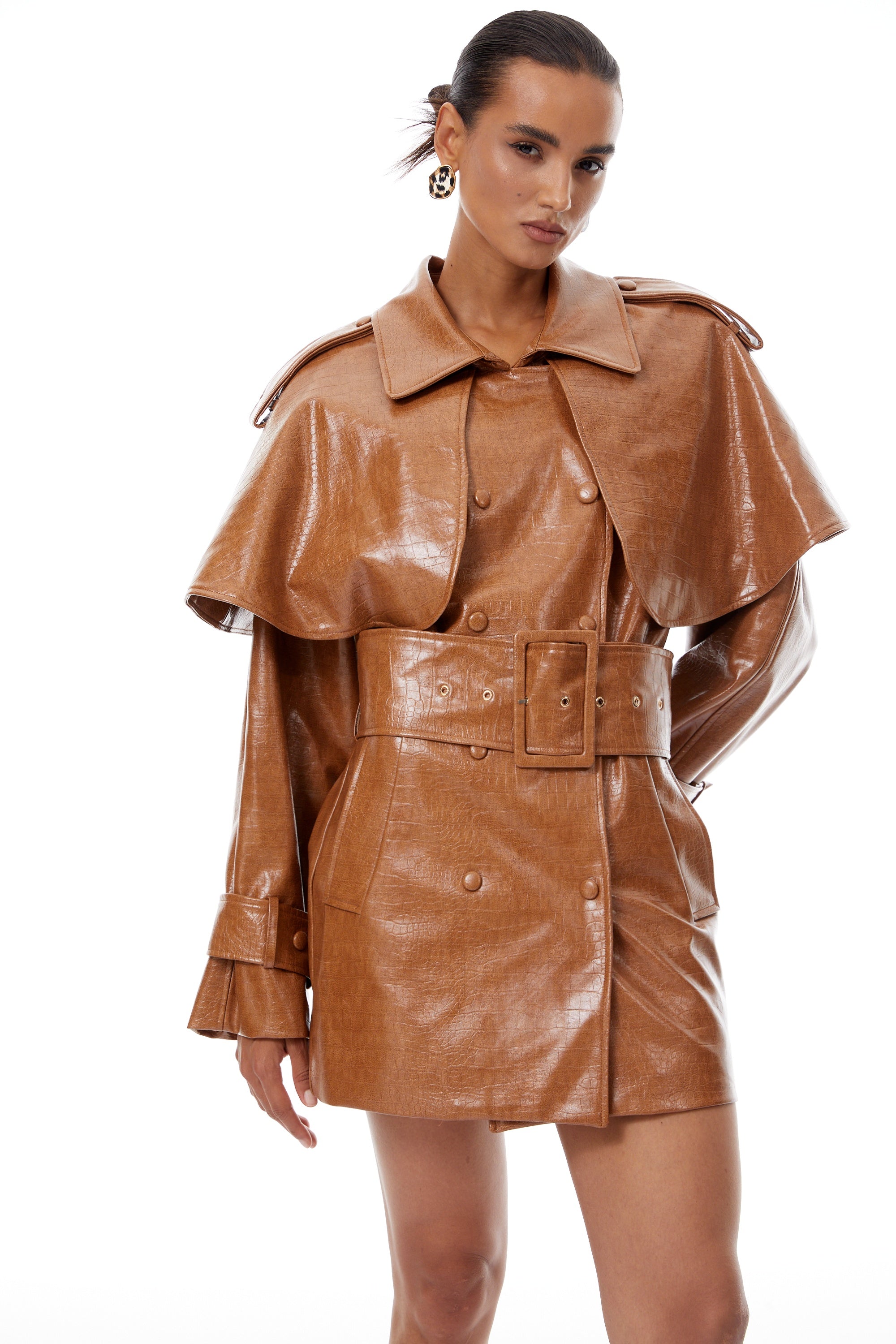 Lisette Caramel Textured Leather Trench Coat
