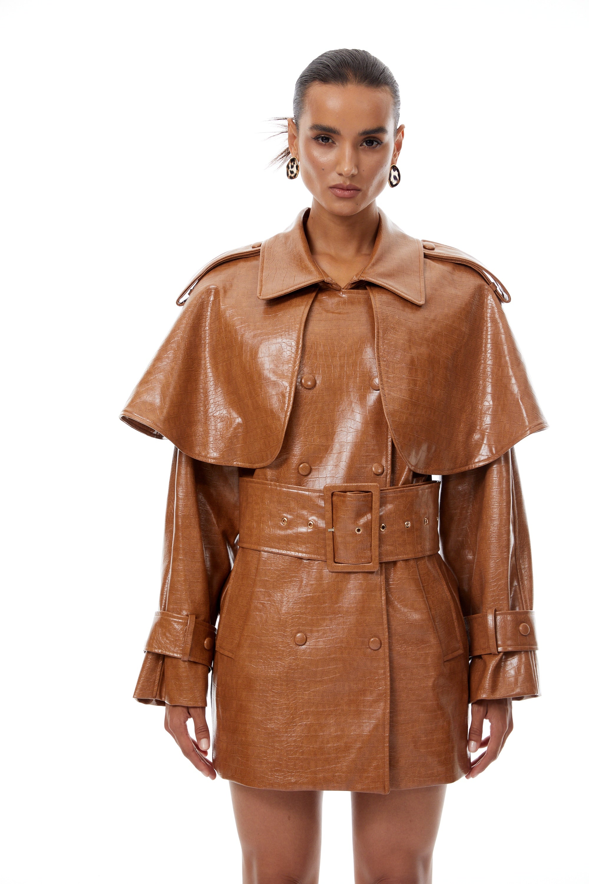 Lisette Caramel Textured Leather Trench Coat