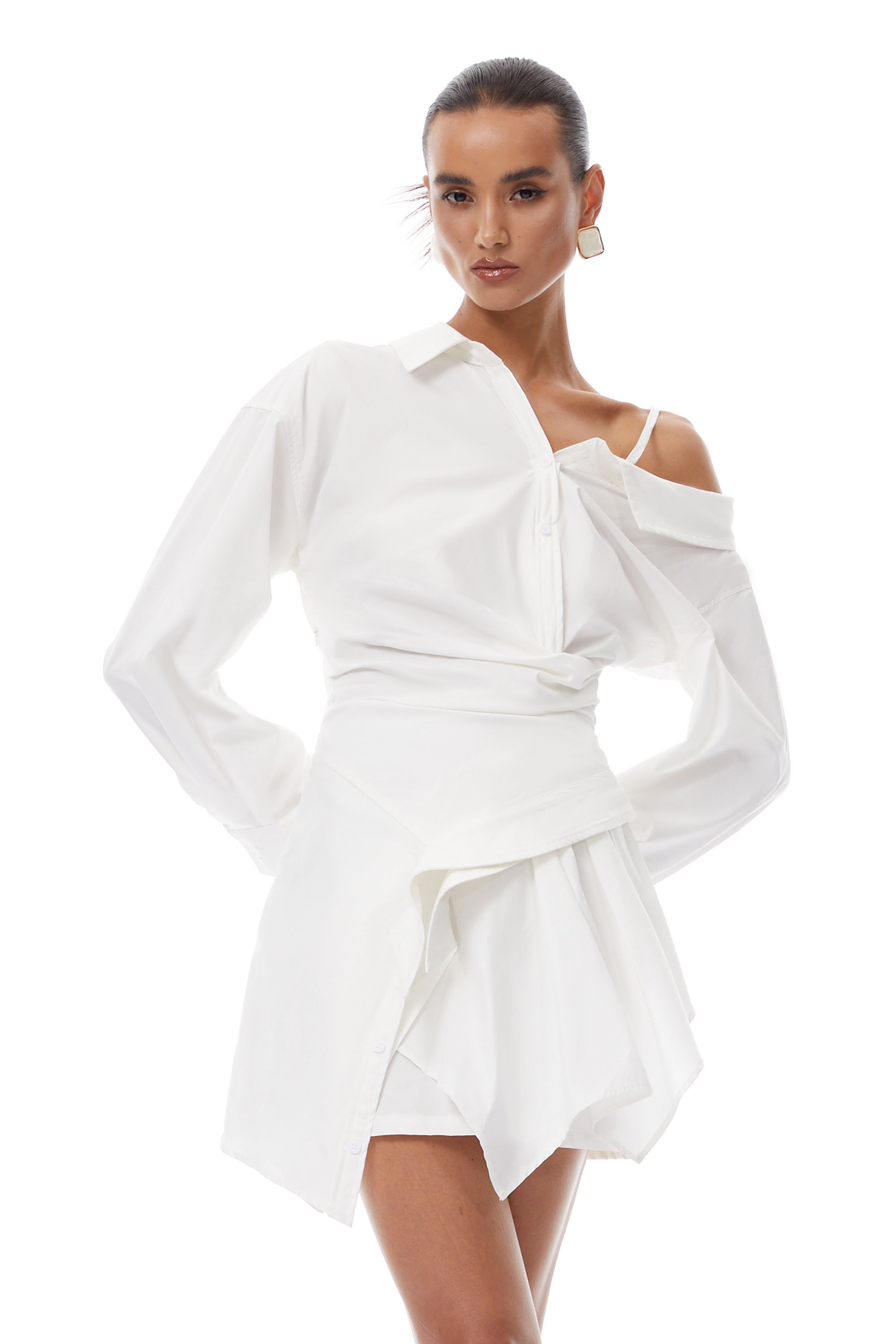 Tímea White Asymmetrical Mini Shirt Dress