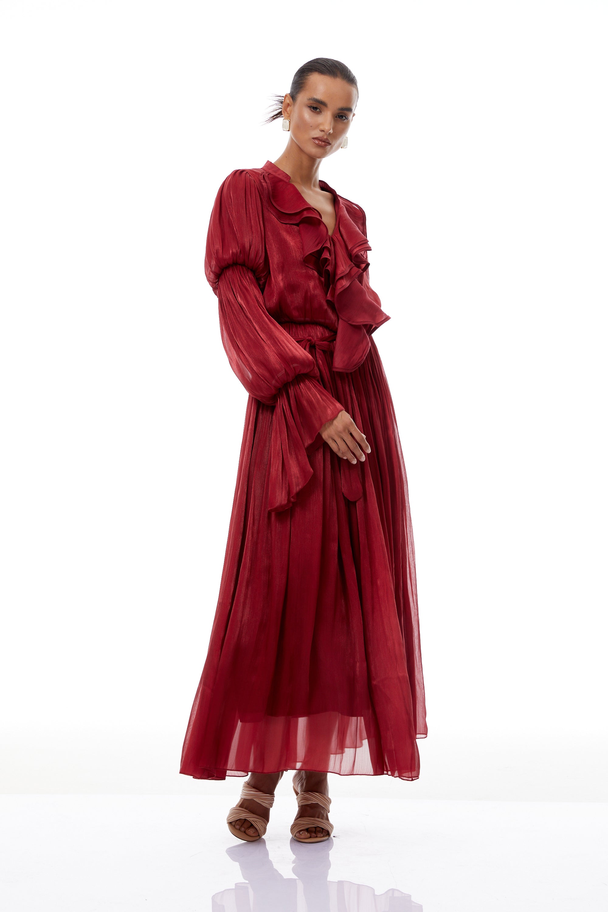 Ophélie Red Glossy Ruffled Pleated Maxi Dress