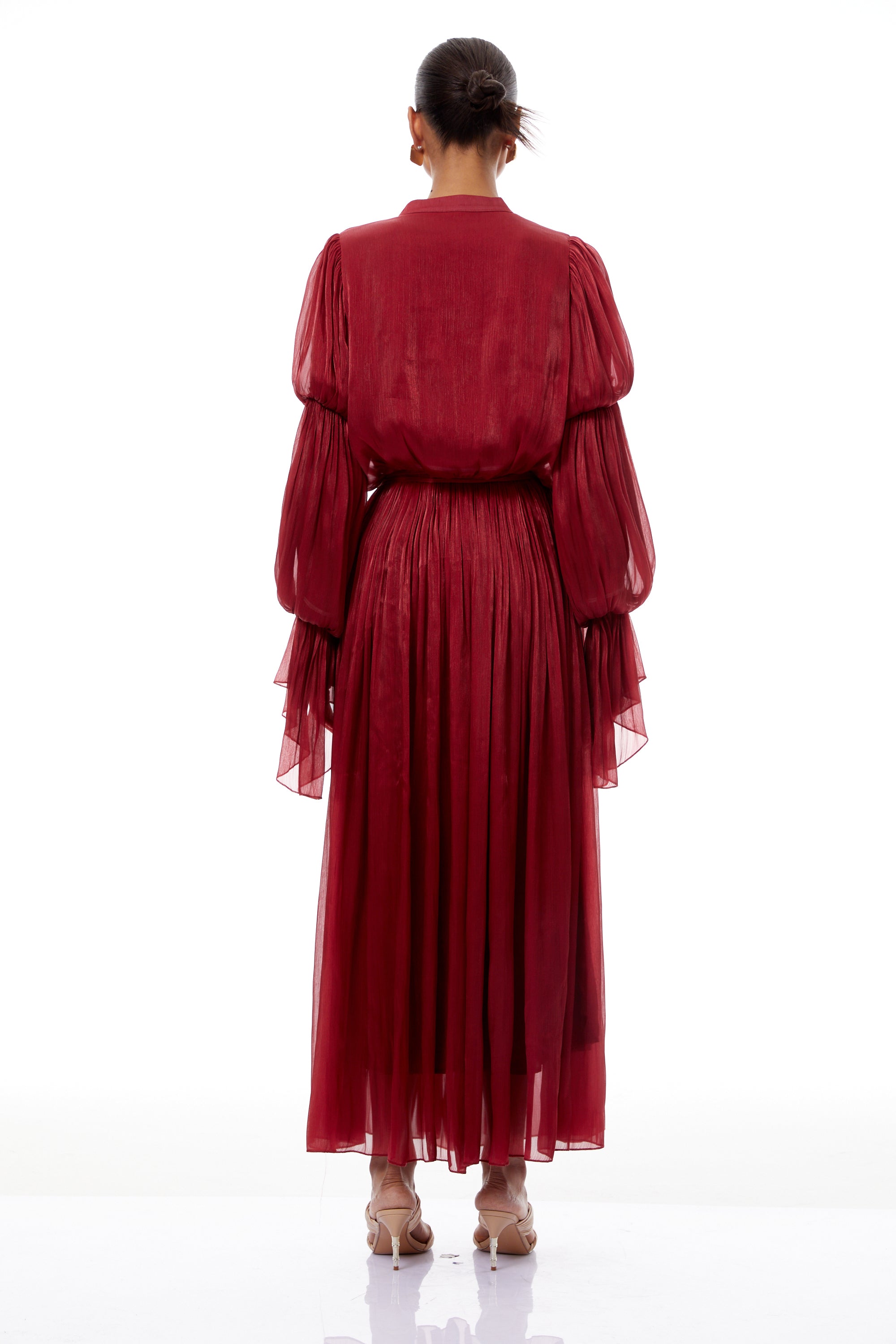 Ophélie Red Glossy Ruffled Pleated Maxi Dress