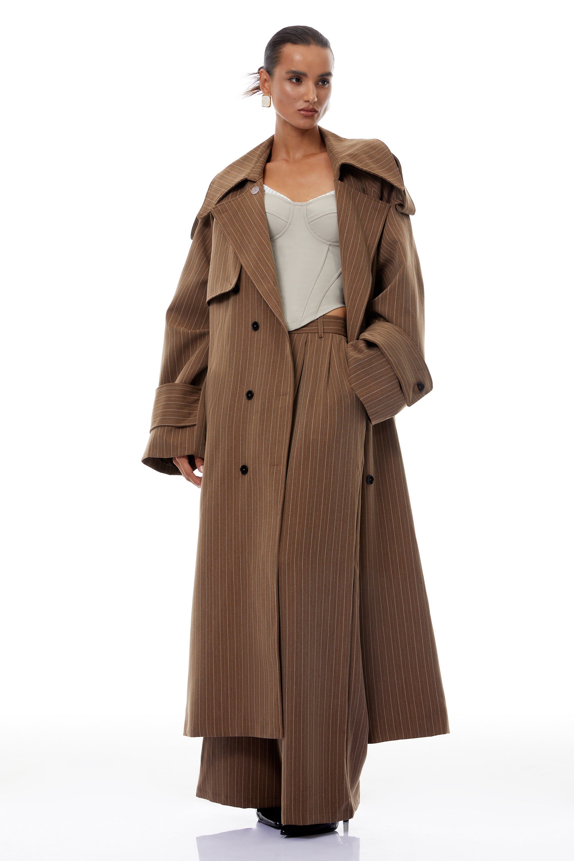 Clémence Brown Striped Trench Coat & Trousers Set