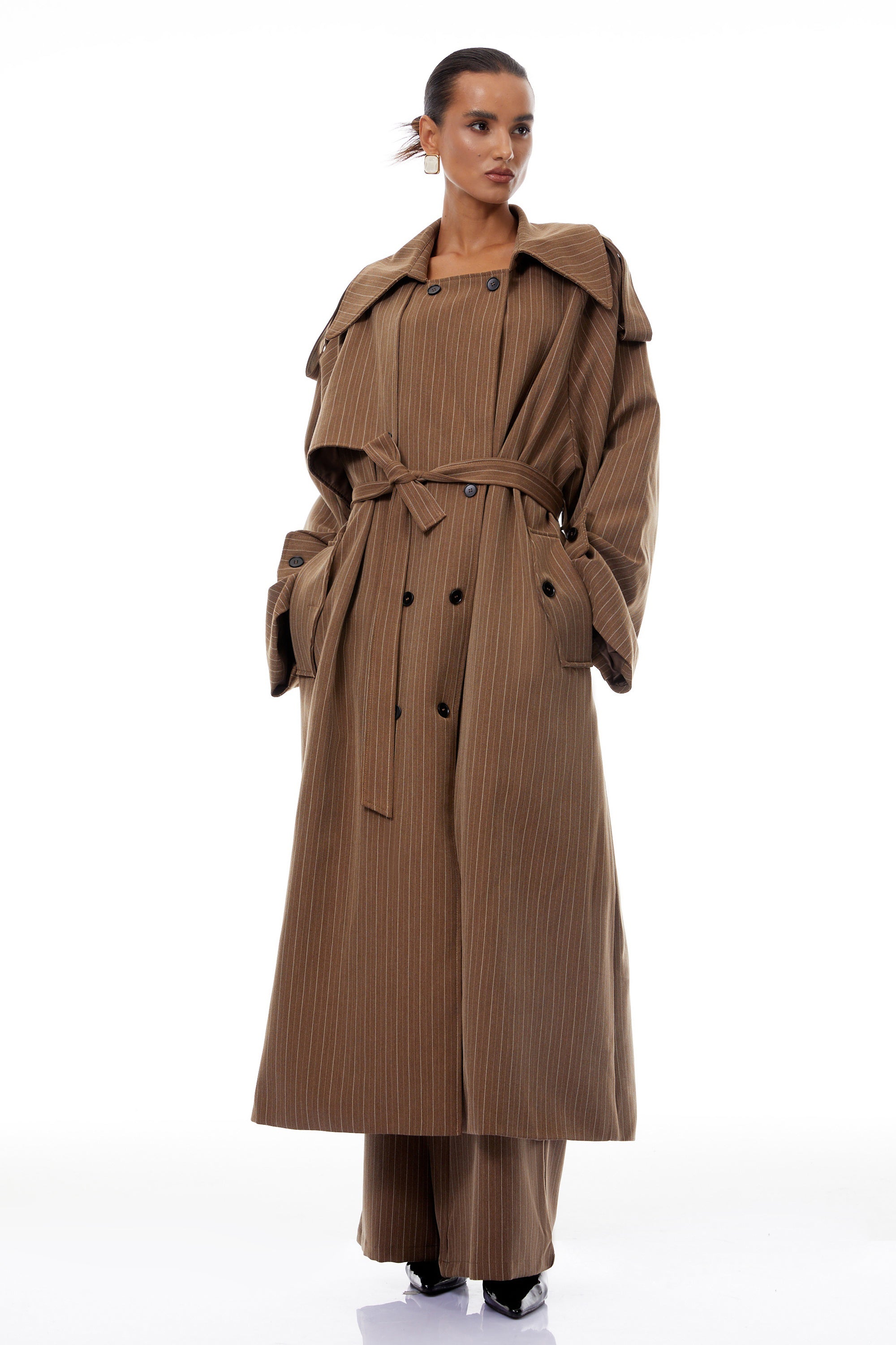 Clémence Brown Striped Trench Coat & Trousers Set