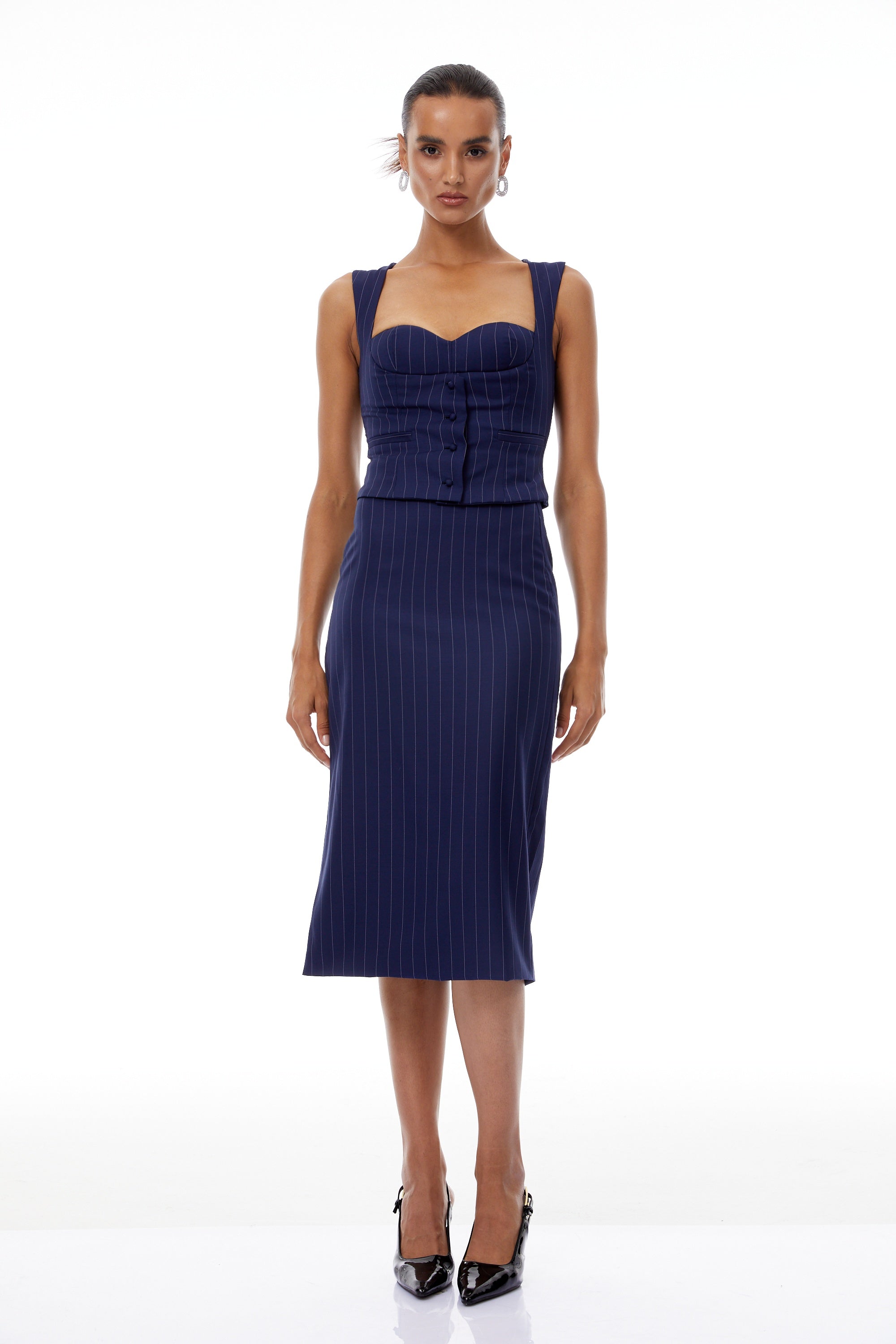 طقم أوريان بلوزة وتنورة مخططة باللون الأزرق الداكن