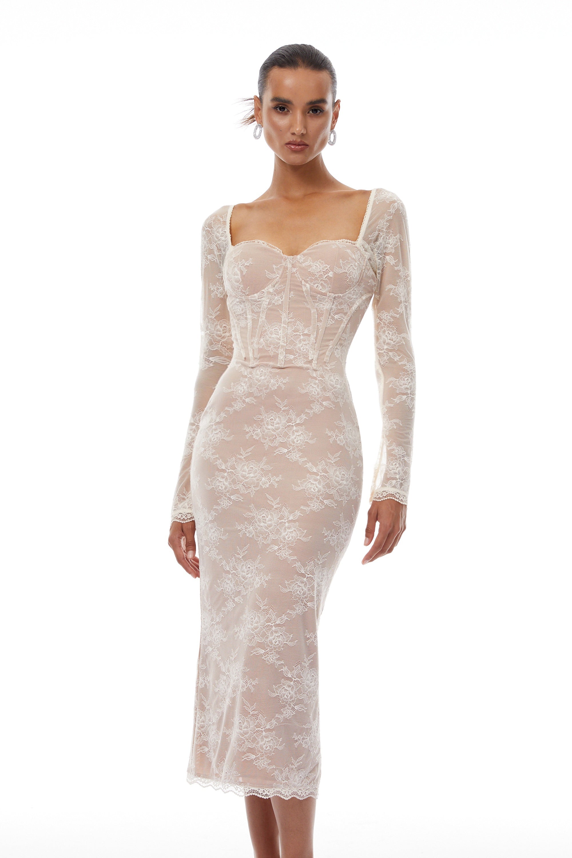 Nóra Neutral Floral Lace Corset Midi Dress (Final Sale)