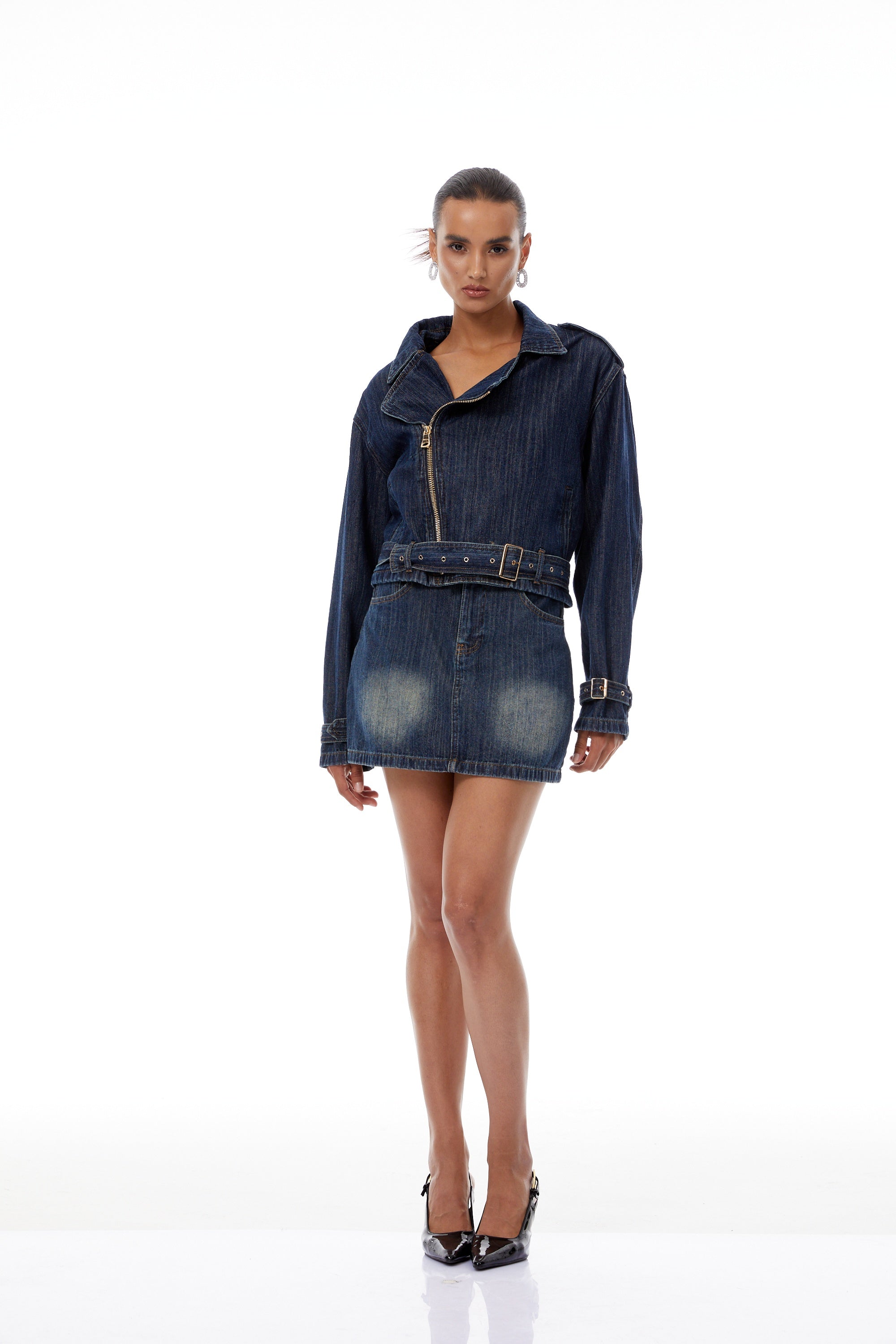 Solène Blue Denim Biker Jacket & Skirt Set (Final Sale)