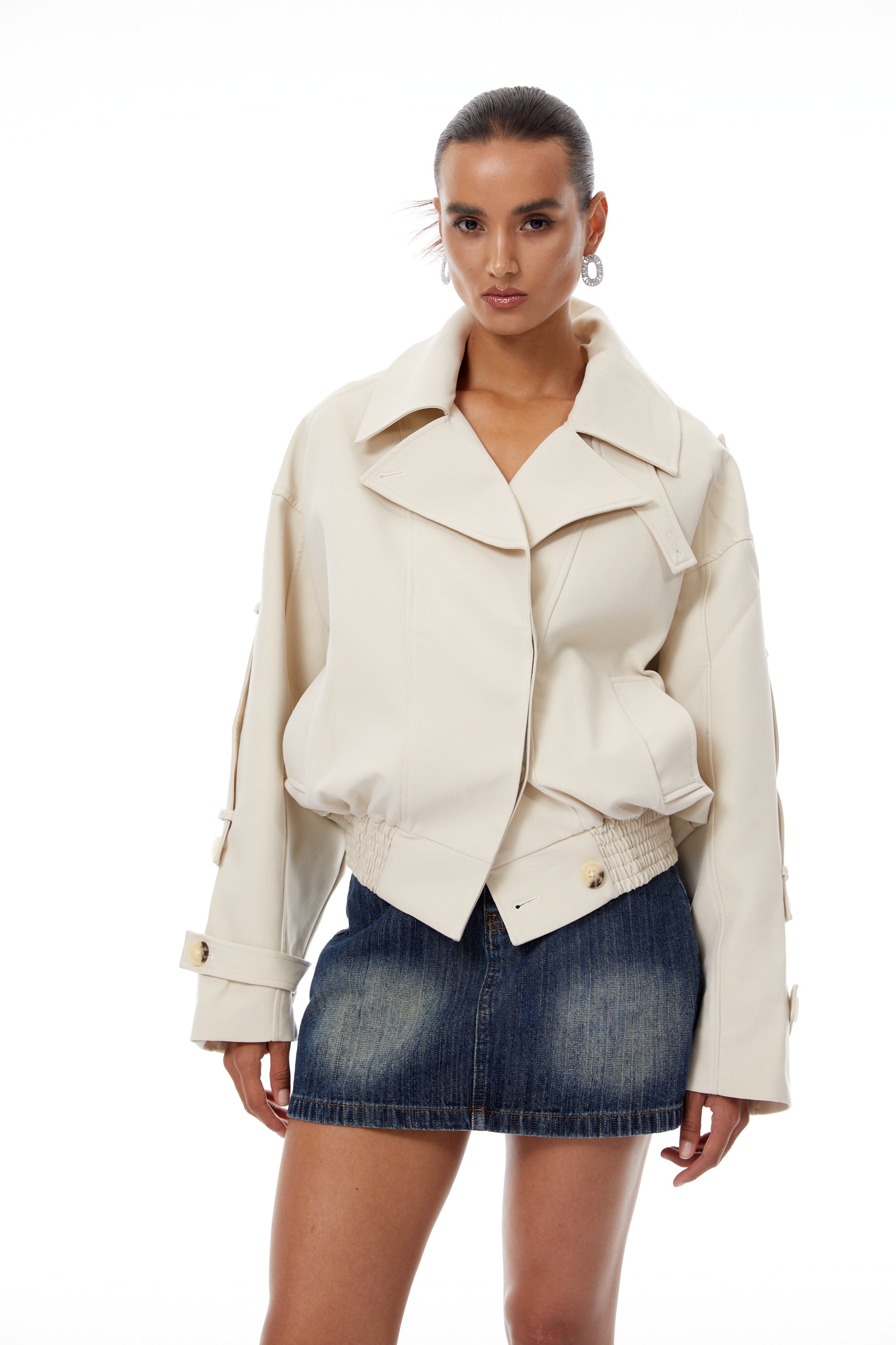 Panna Neutral Smocked Hem Biker Jacket