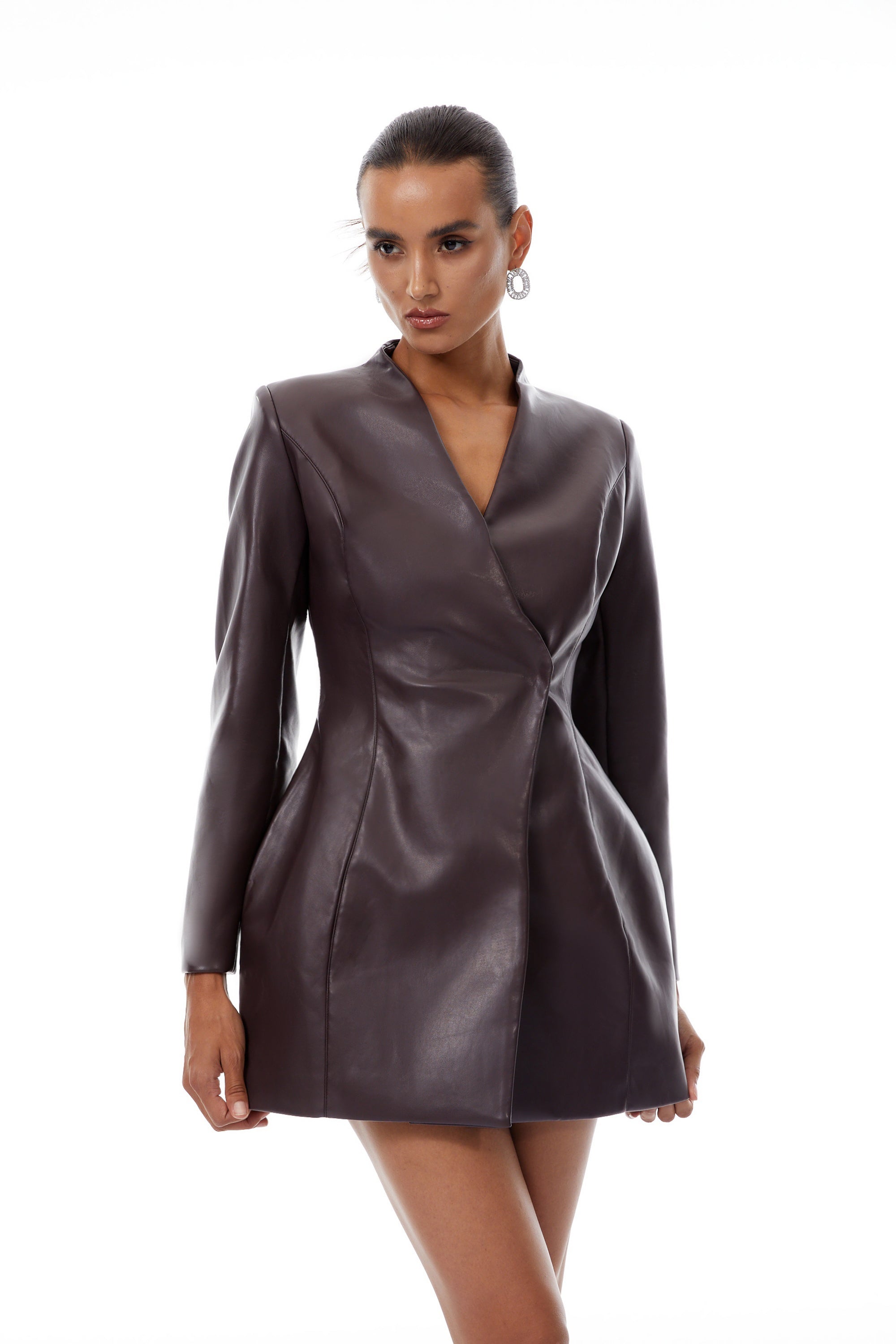 Solange Brown Leather Mini Blazer Dress