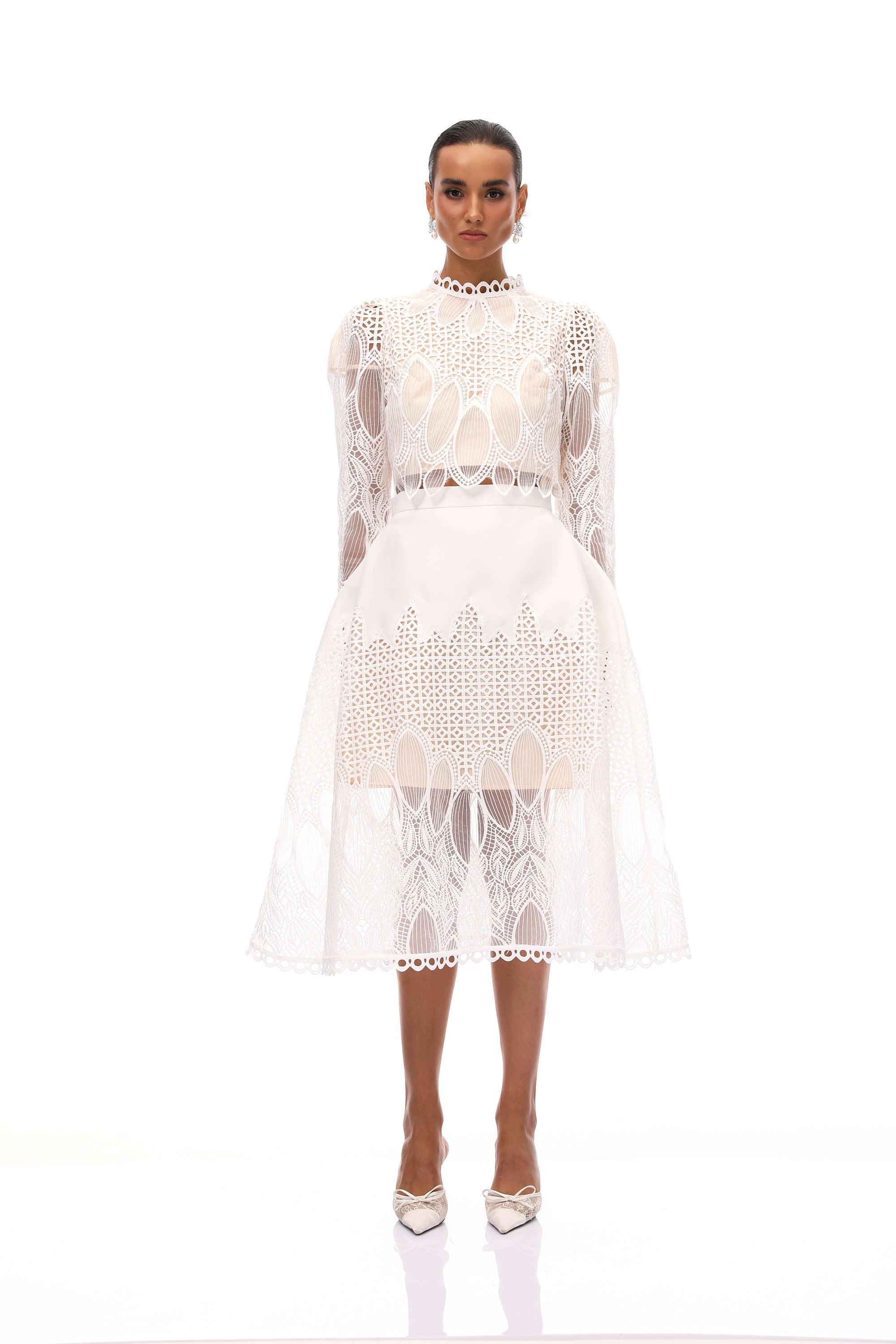 Anett White Corded Lace Blouse & Skirt Set (Final Sale)