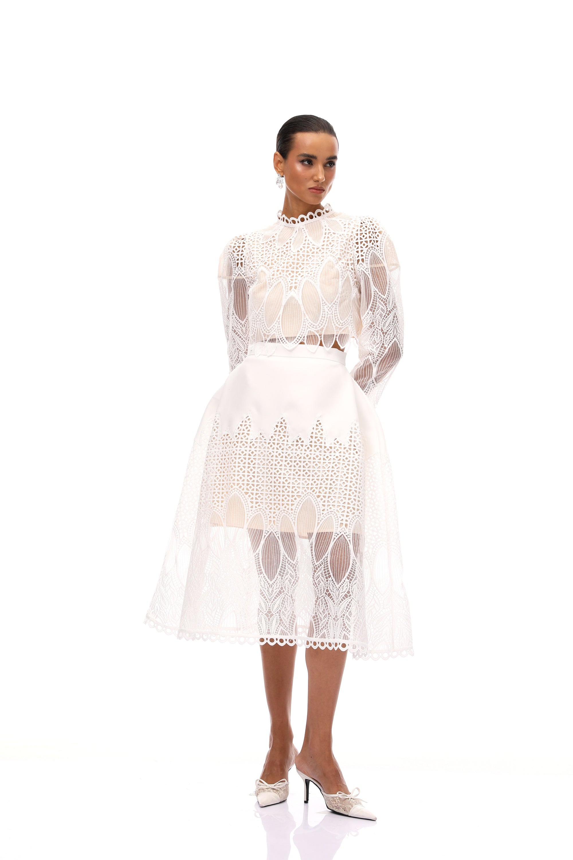 Anett White Corded Lace Blouse & Skirt Set (Final Sale)