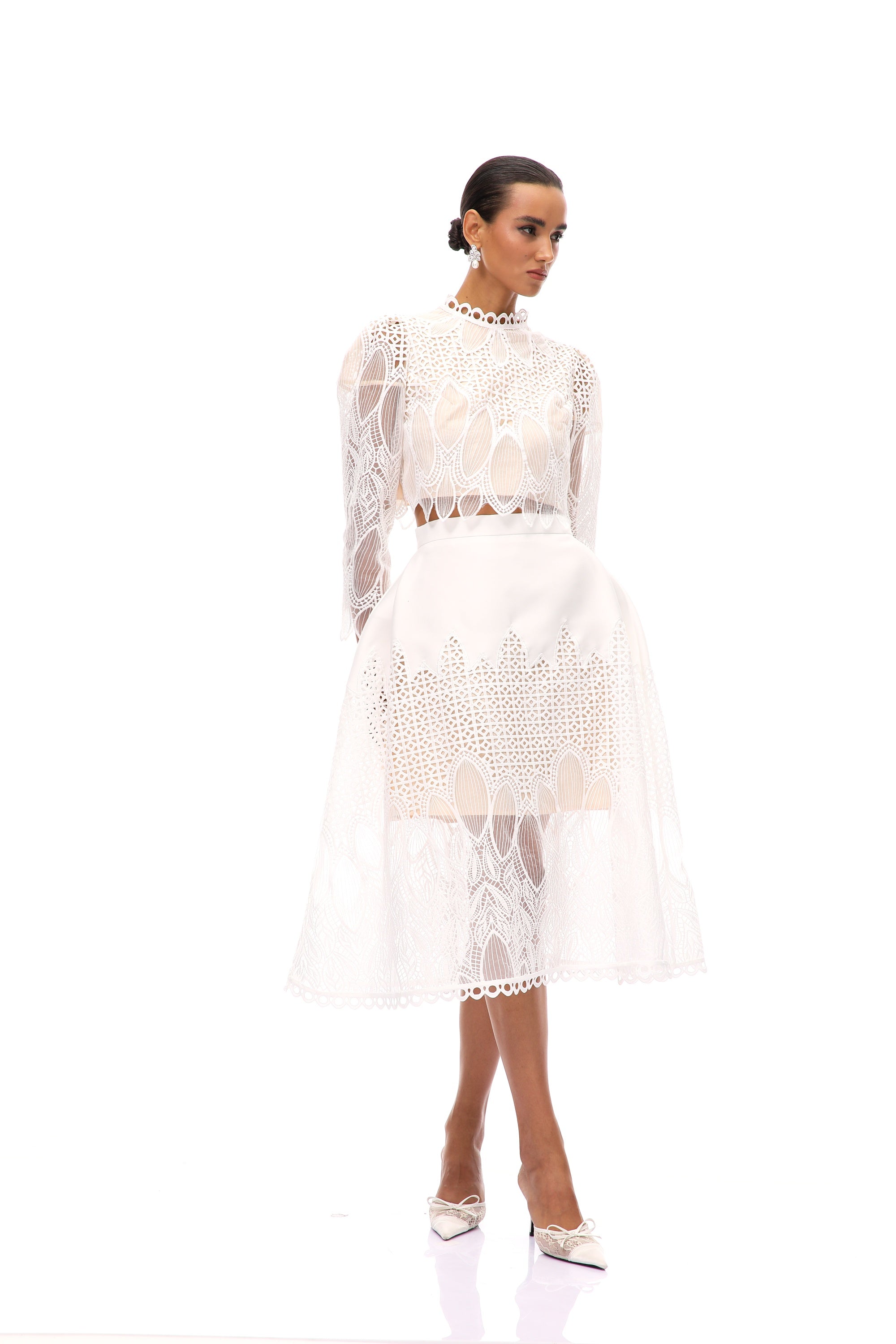 Anett White Corded Lace Blouse & Skirt Set (Final Sale)