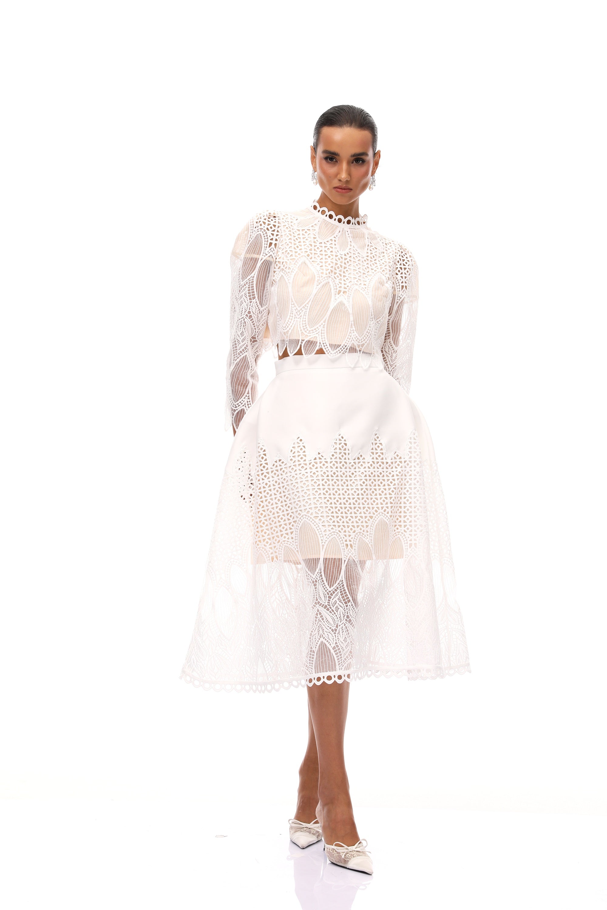 Anett White Corded Lace Blouse & Skirt Set (Final Sale)