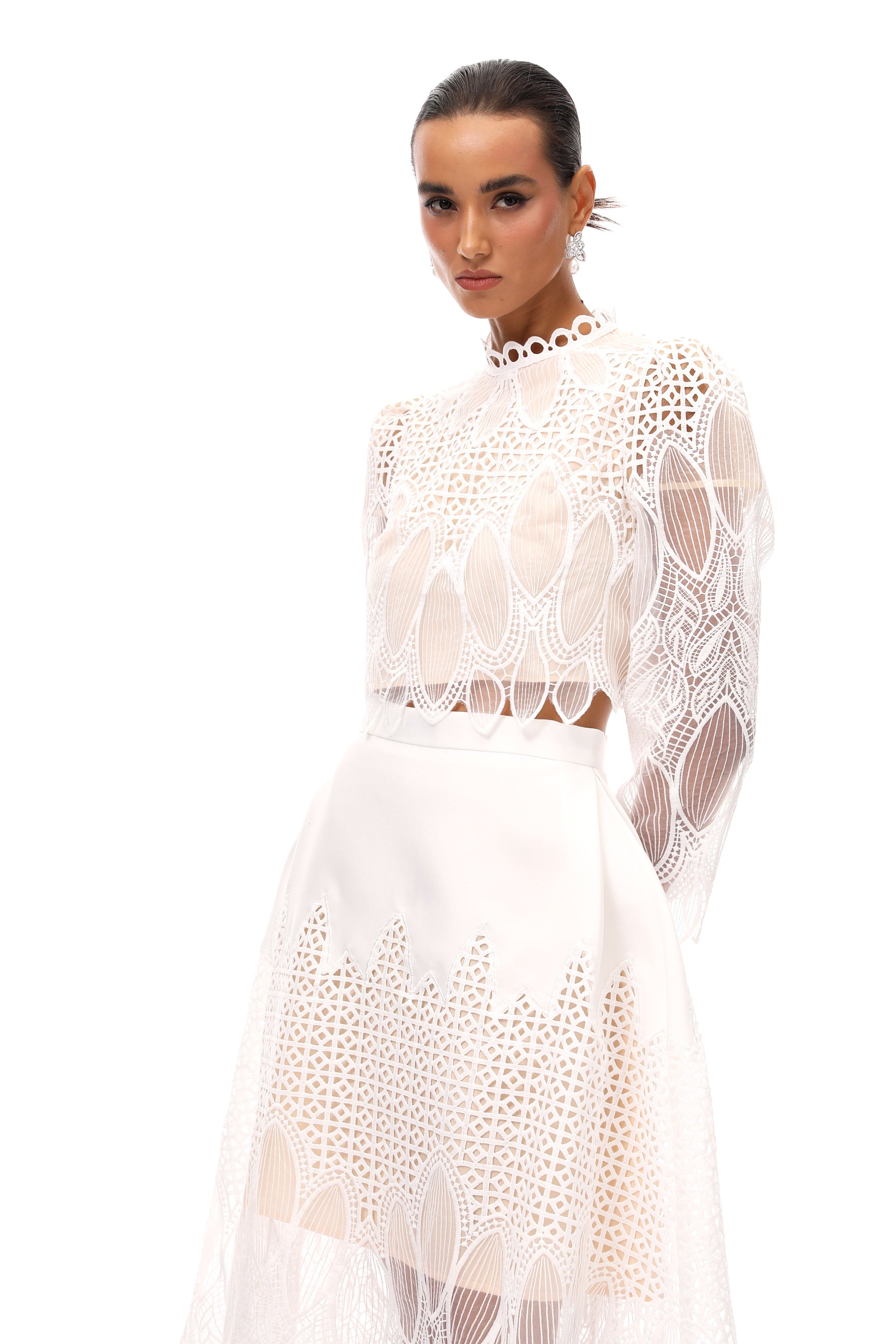 Anett White Corded Lace Blouse & Skirt Set (Final Sale)