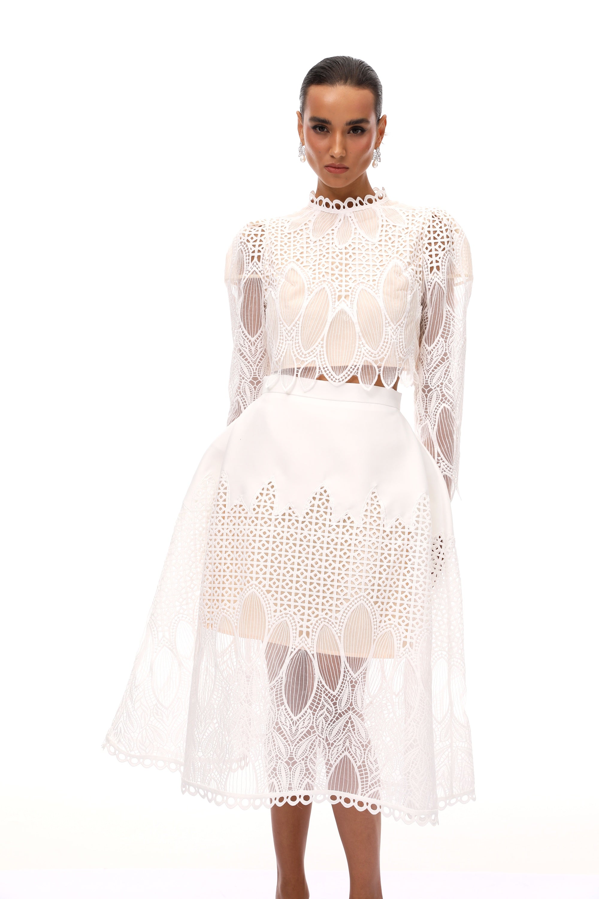 Anett White Corded Lace Blouse & Skirt Set (Final Sale)