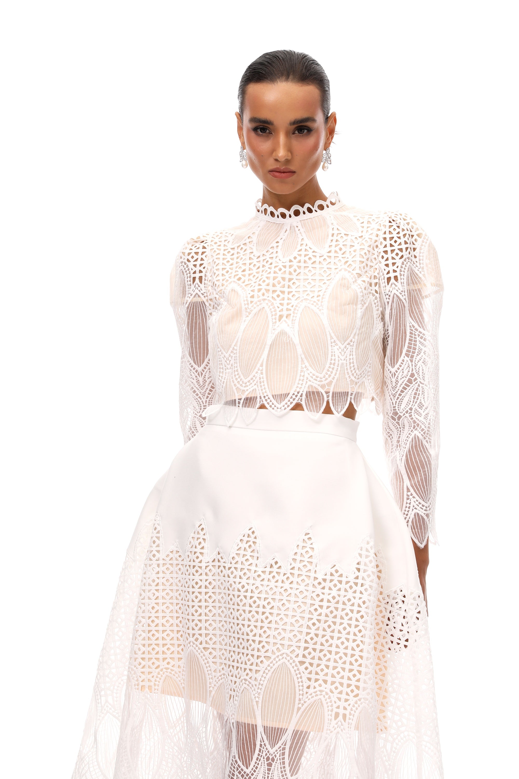 Anett White Corded Lace Blouse & Skirt Set (Final Sale)