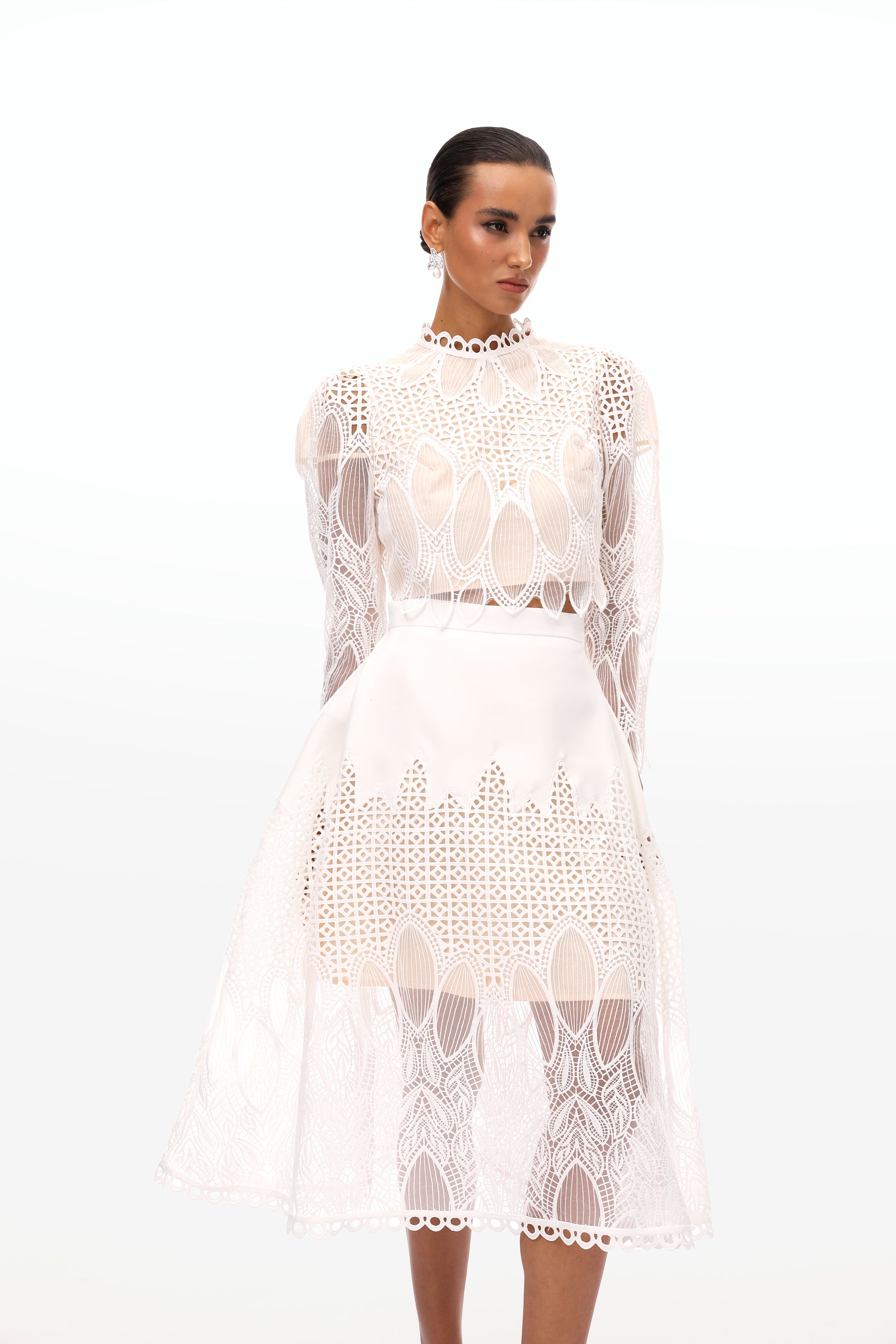 Anett White Corded Lace Blouse & Skirt Set (Final Sale)