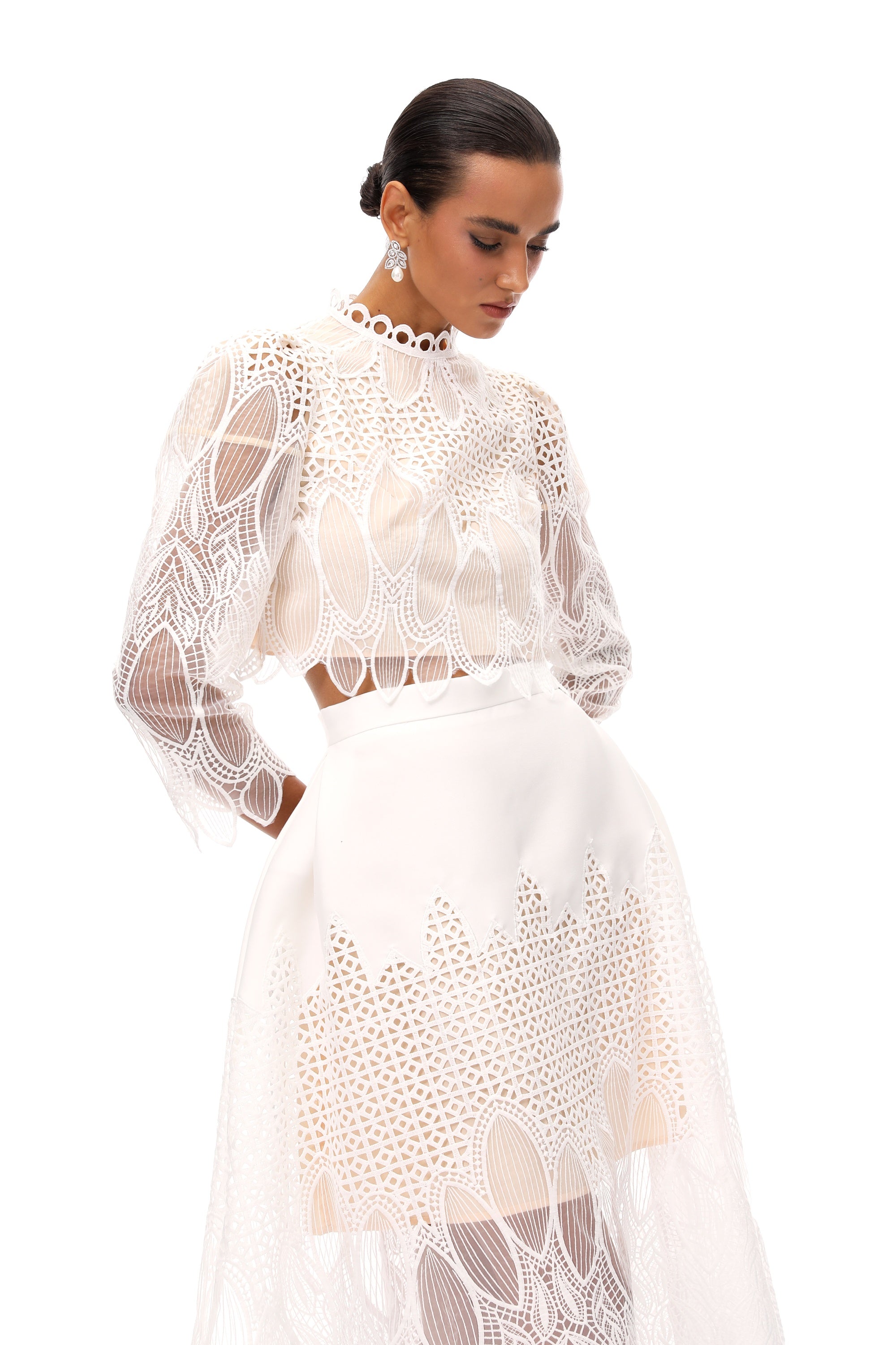 Anett White Corded Lace Blouse & Skirt Set (Final Sale)