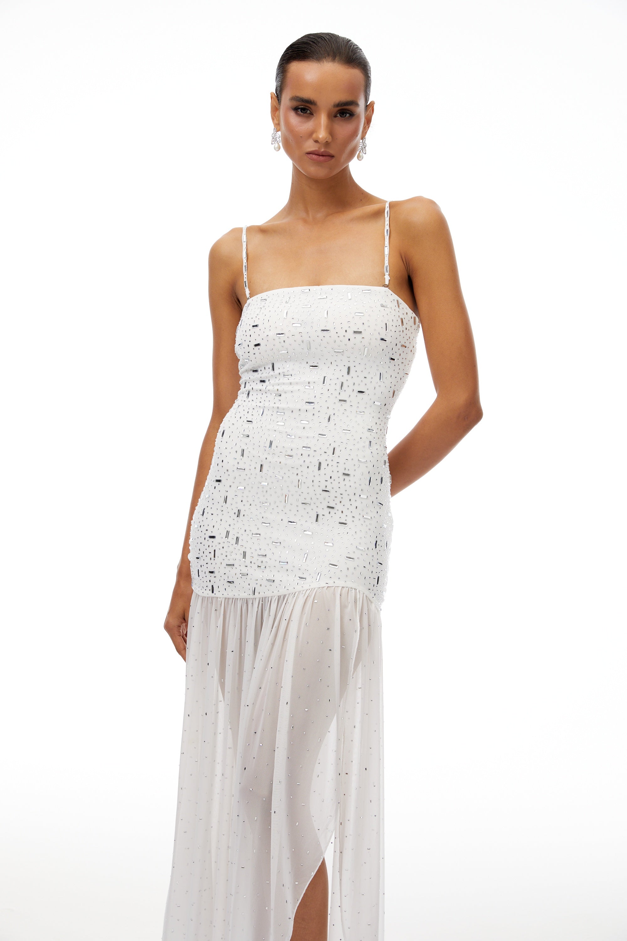 Apollonia Weißes Strass-Maxikleid mit asymmetrischem Muster