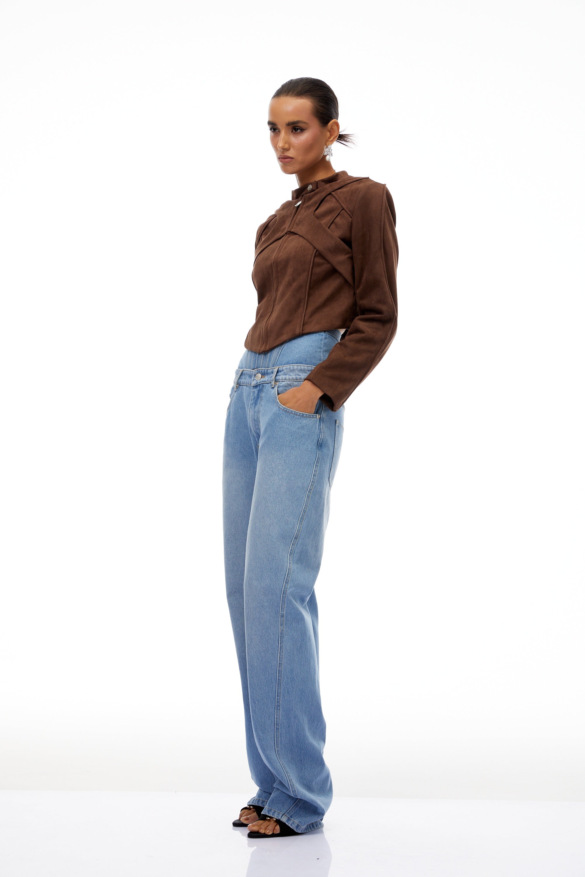 Honorine Brown Suede Crop Biker Jacket