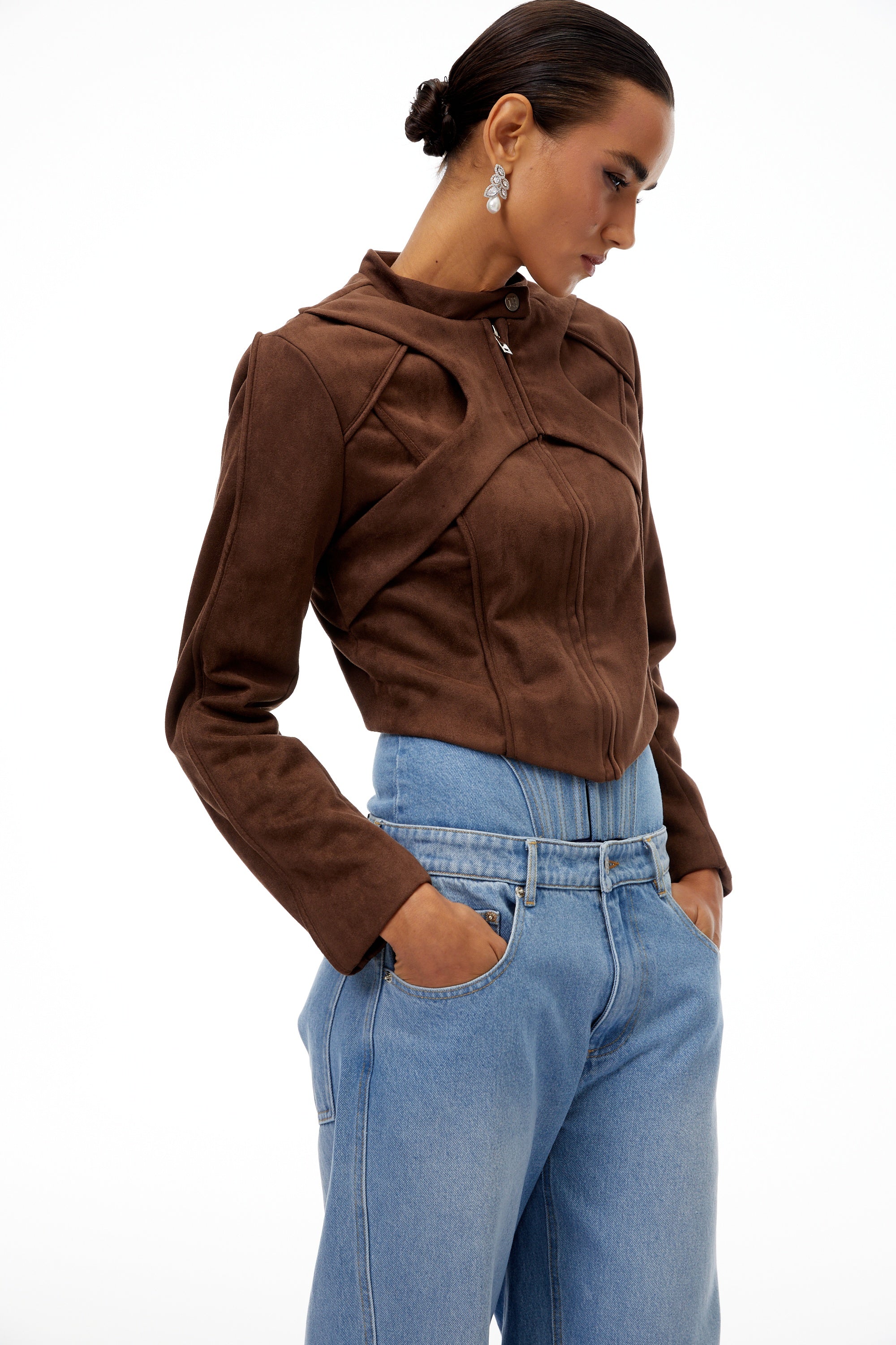 Honorine Brown Suede Crop Biker Jacket