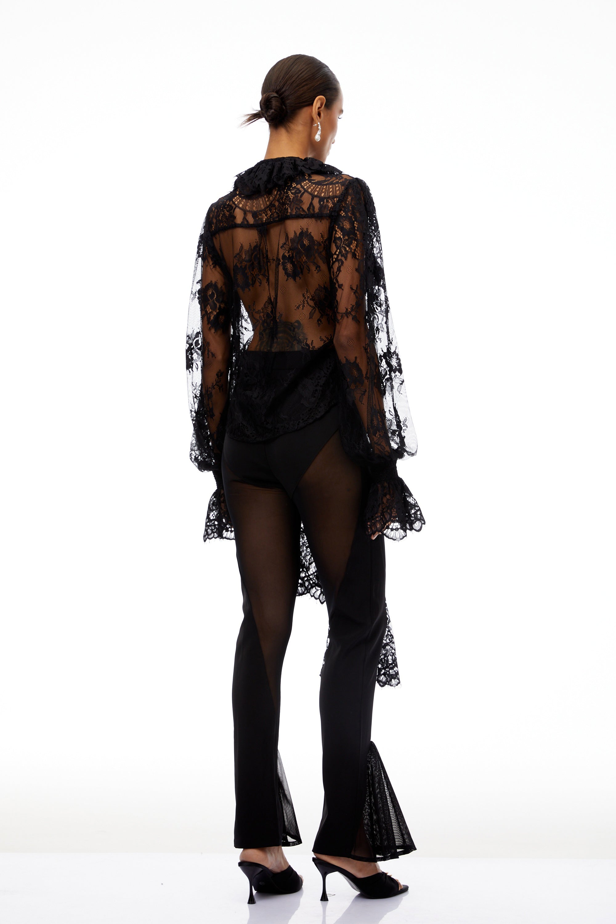 Quintine Black Ribbon Tie-Neck Floral Lace Blouse
