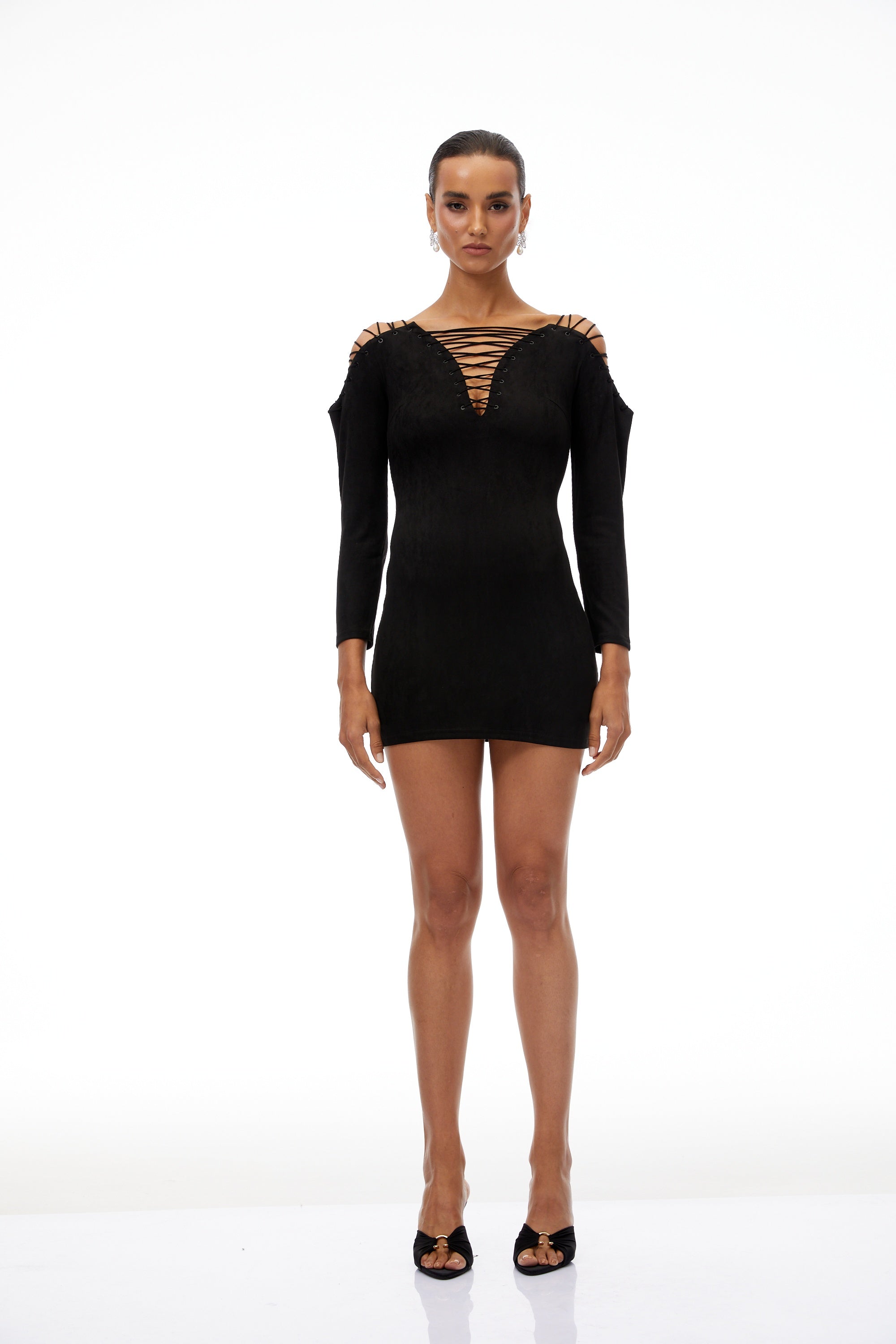 Quitterie Black Lace-Up Suede Mini Dress