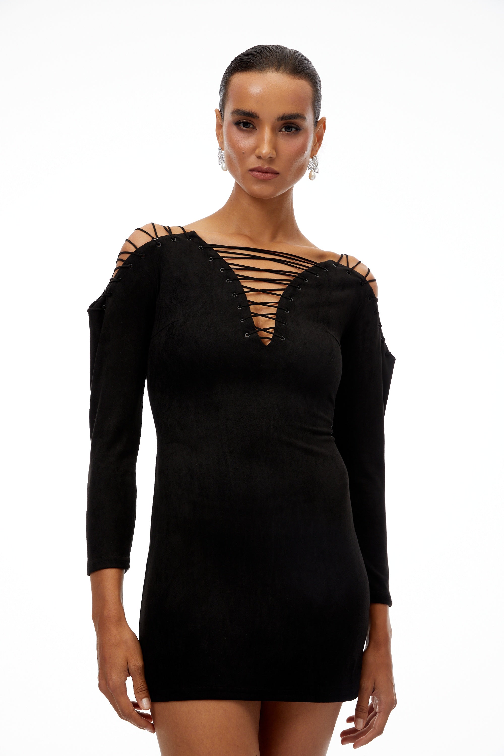 Quitterie Black Lace-Up Suede Mini Dress