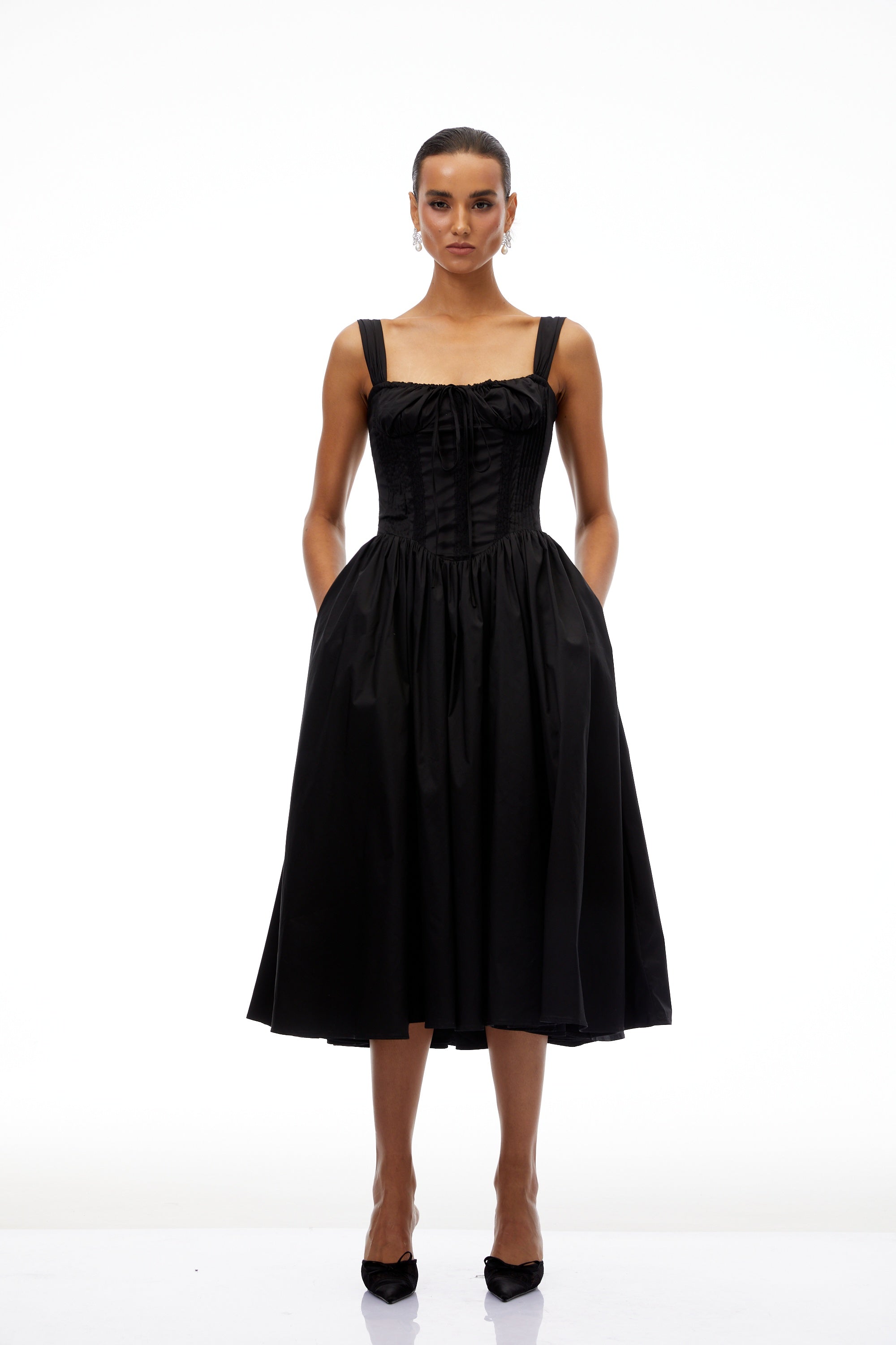 Bruyère Black Lace Trim Corset Midi Dress