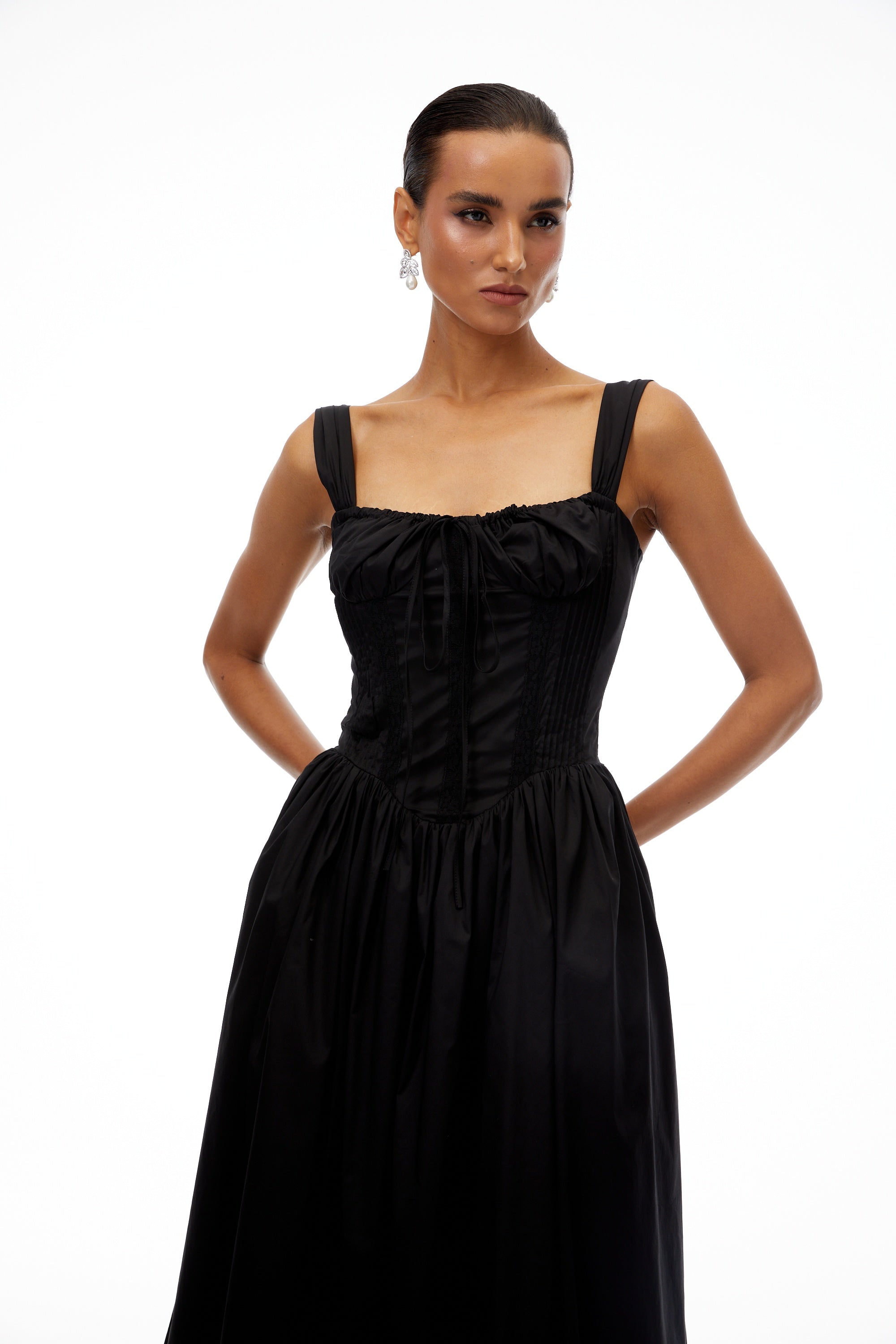 Bruyère Black Lace Trim Corset Midi Dress