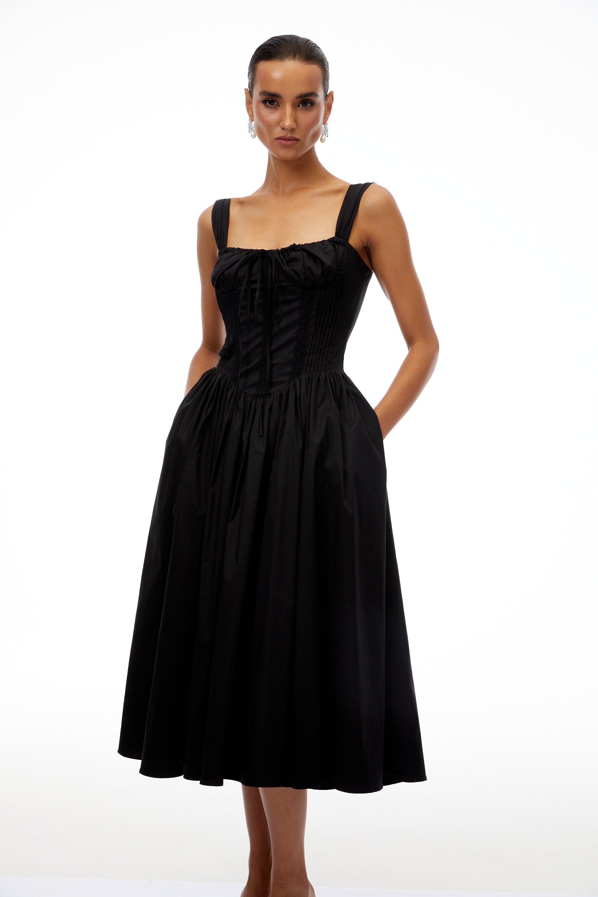 Bruyère Black Lace Trim Corset Midi Dress