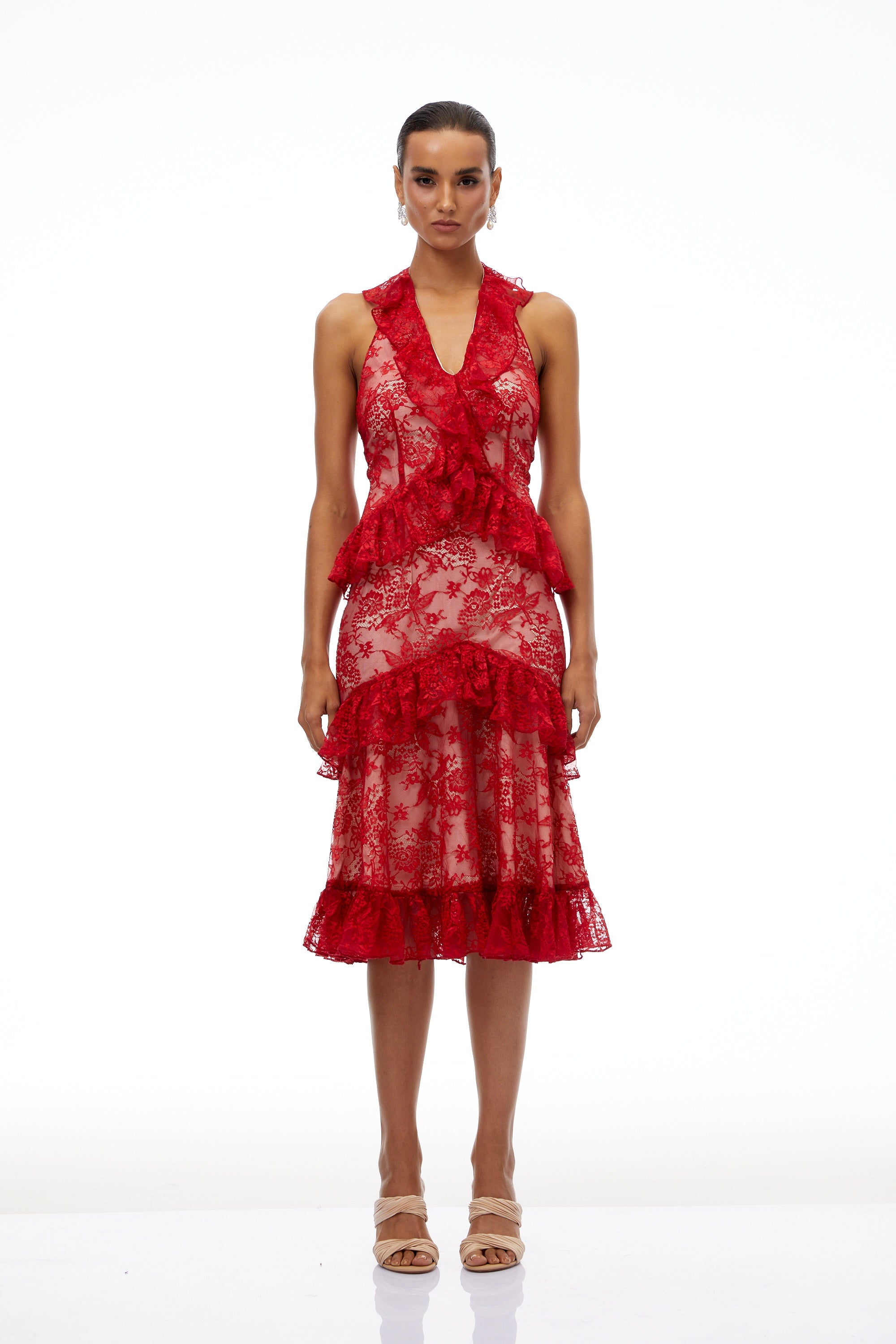 Wilhemine Red Ruffled Floral Lace Midi Dress