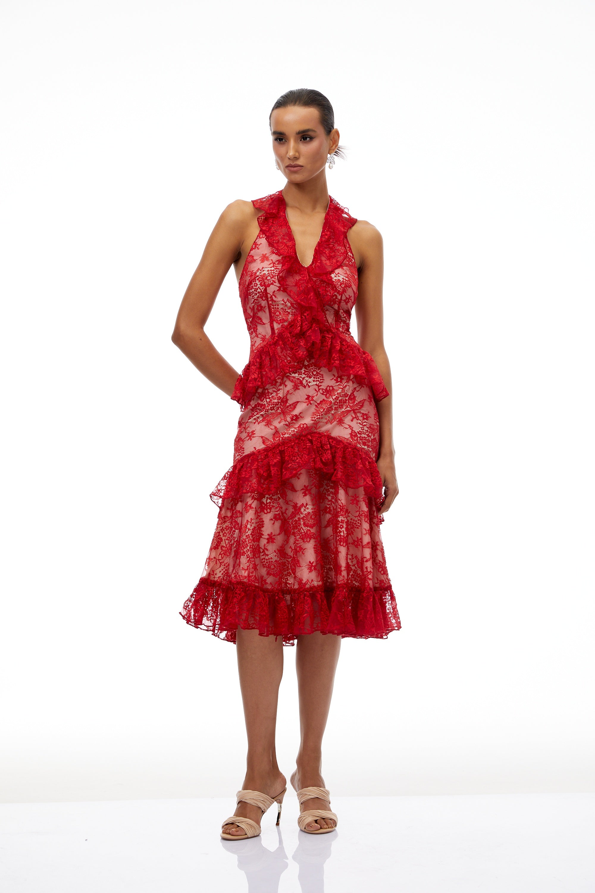 Wilhemine Red Ruffled Floral Lace Midi Dress