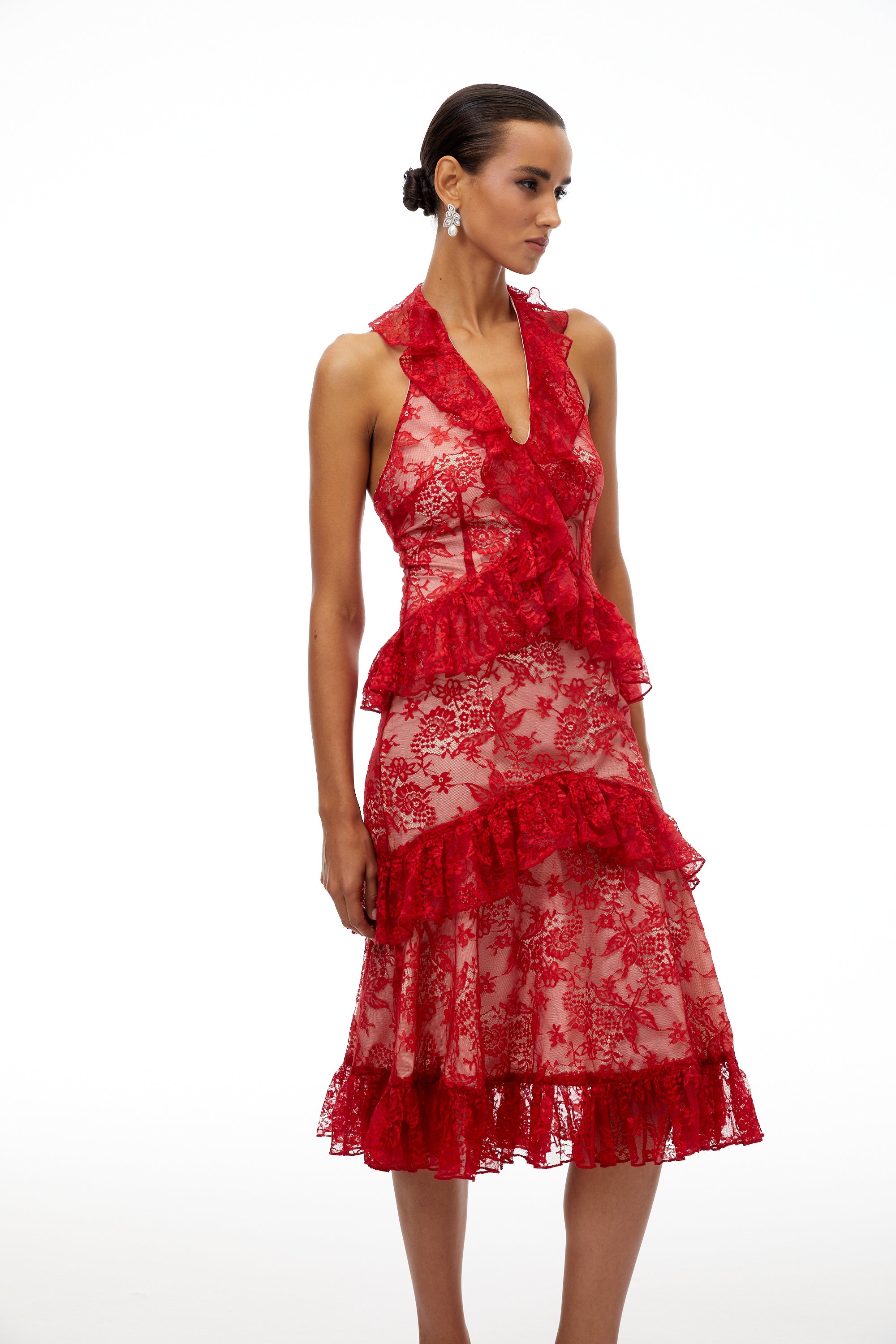 Wilhemine Red Ruffled Floral Lace Midi Dress