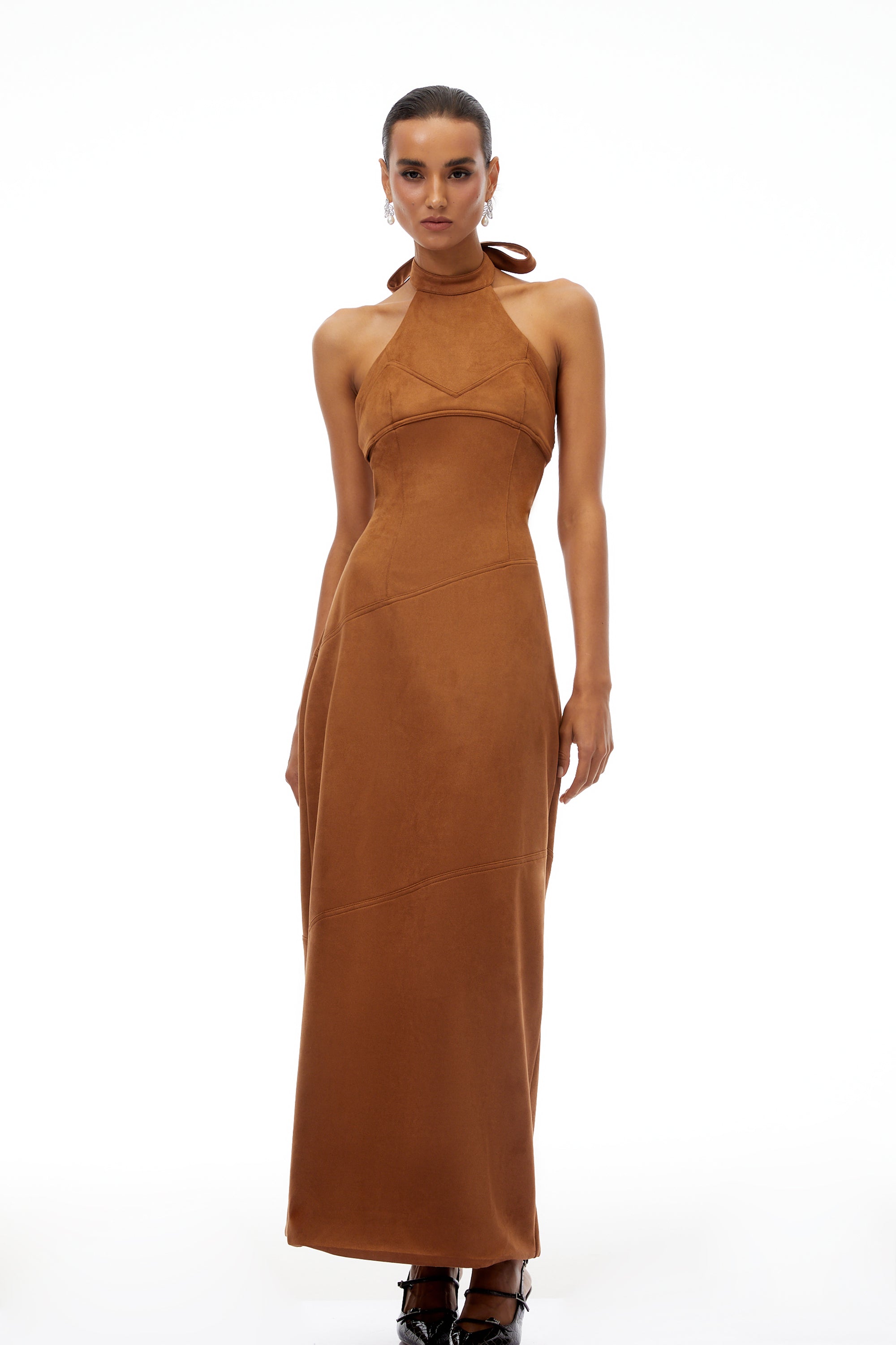 Florence Brown Neckholder-Maxikleid aus Wildleder